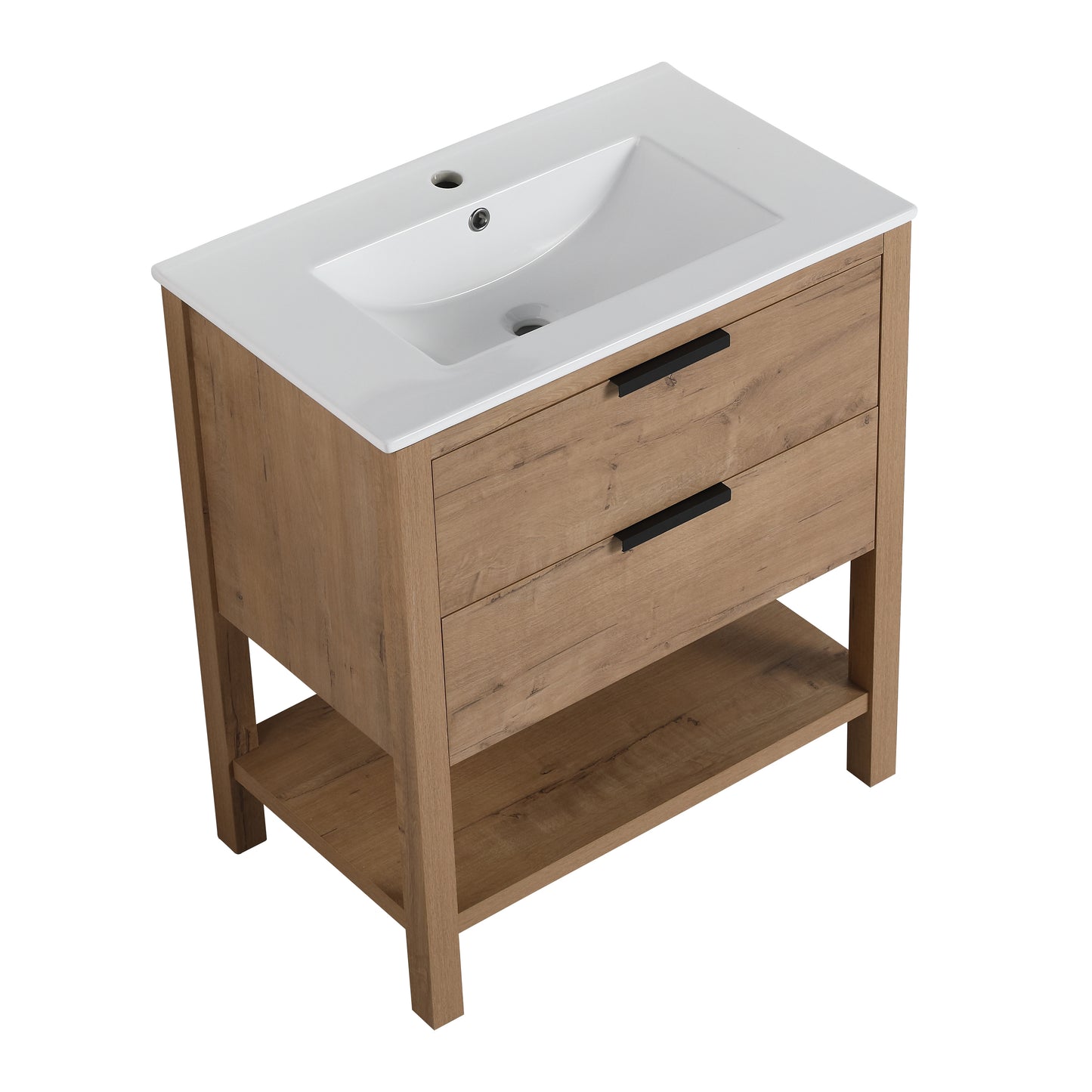 Modern oak vanity with white ceramic sink and two drawers