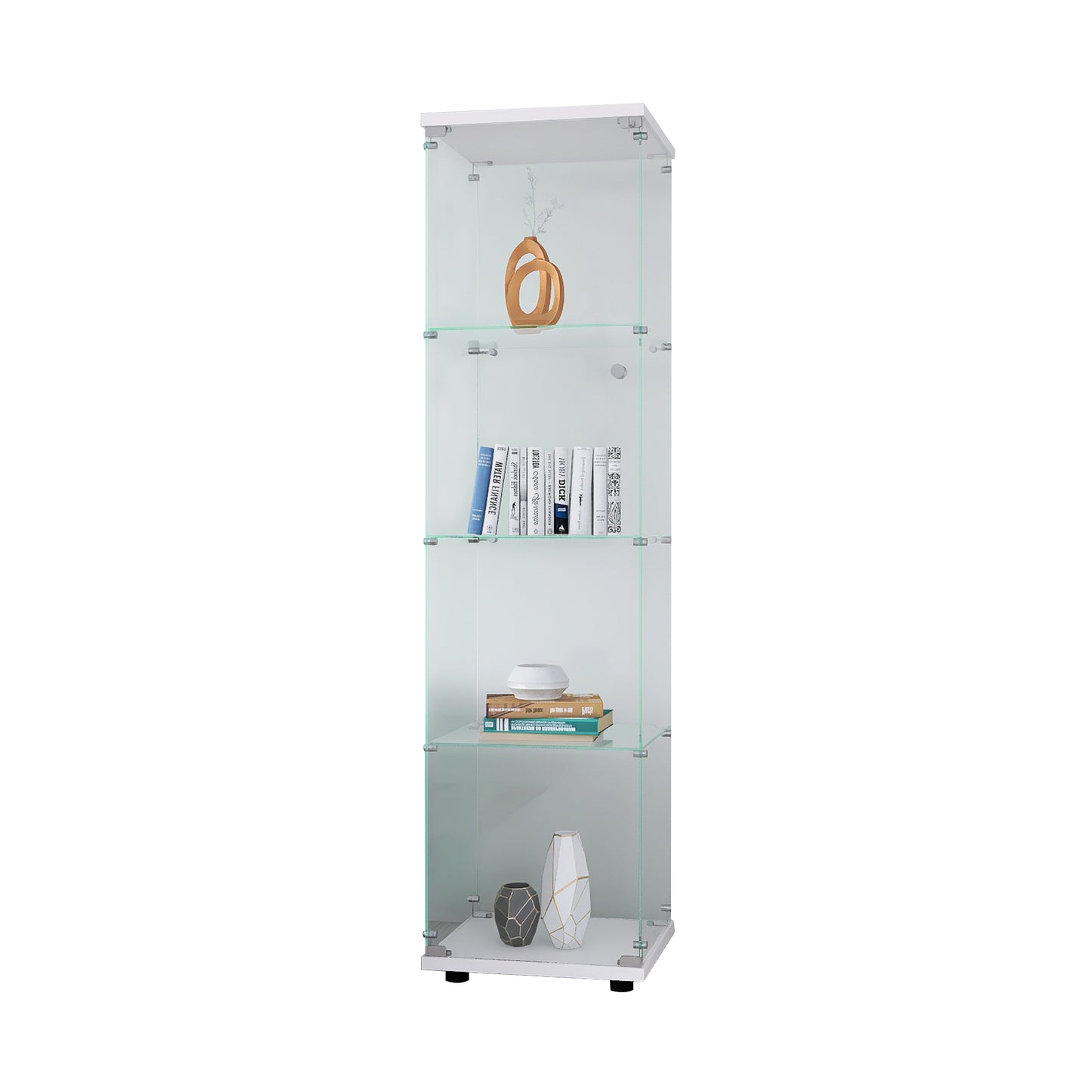 White tall glass display cabinet with gold vase on top shelf