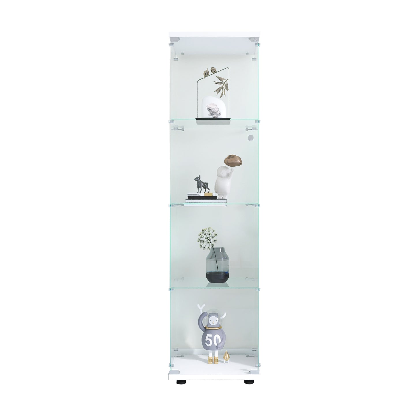 White glass display cabinet with four shelves showcasing decorative items