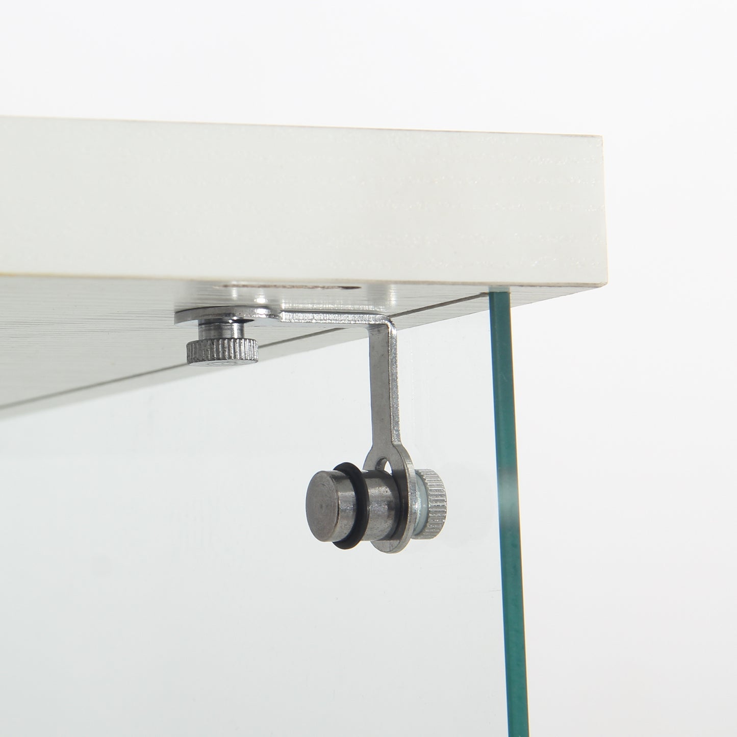 Adjustable glass shelf support bracket with knurled screw detail