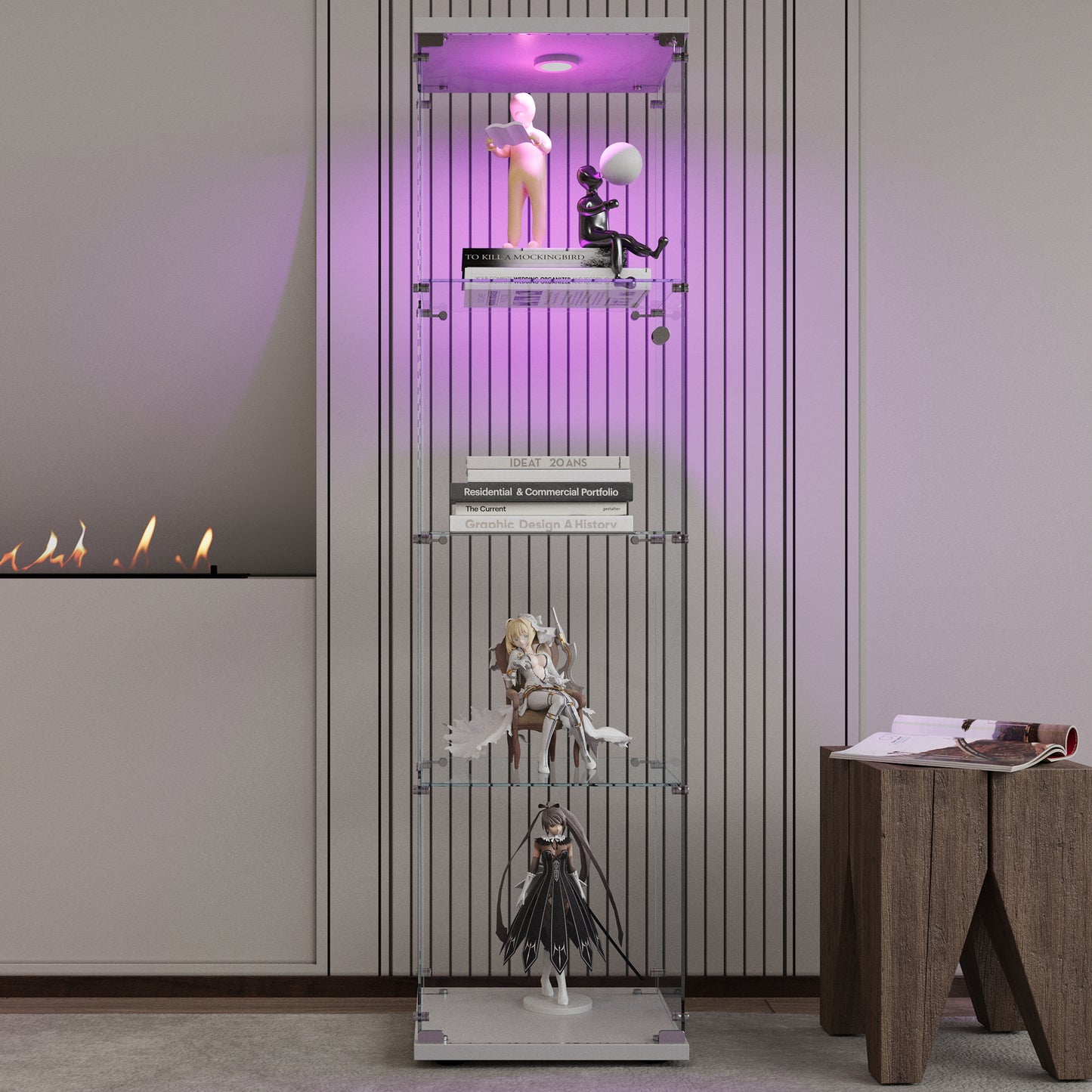 Modern glass display cabinet with LED lighting showcasing collectible figurines and books