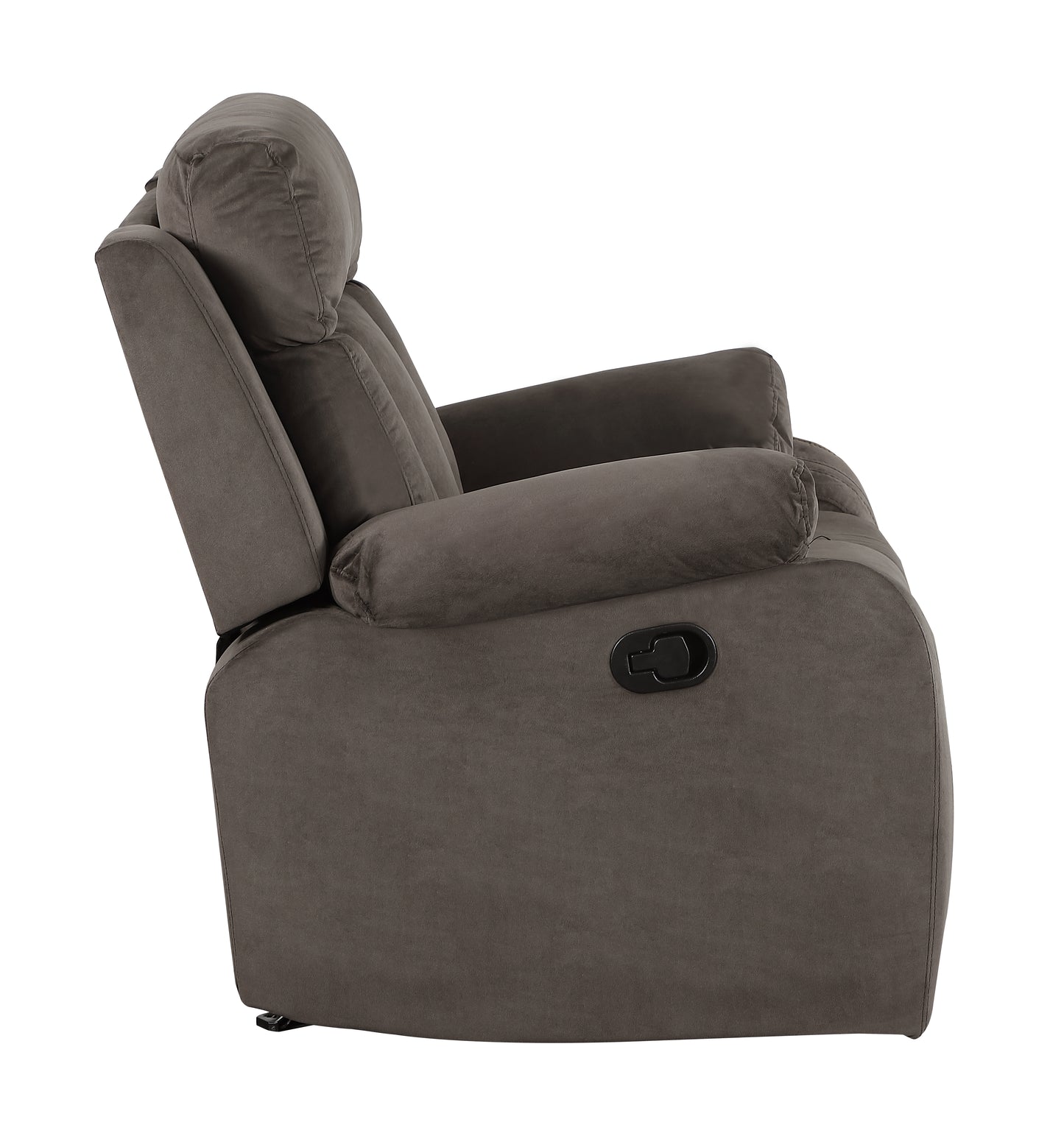 Plush grey recliner with padded armrests and a reclining lever