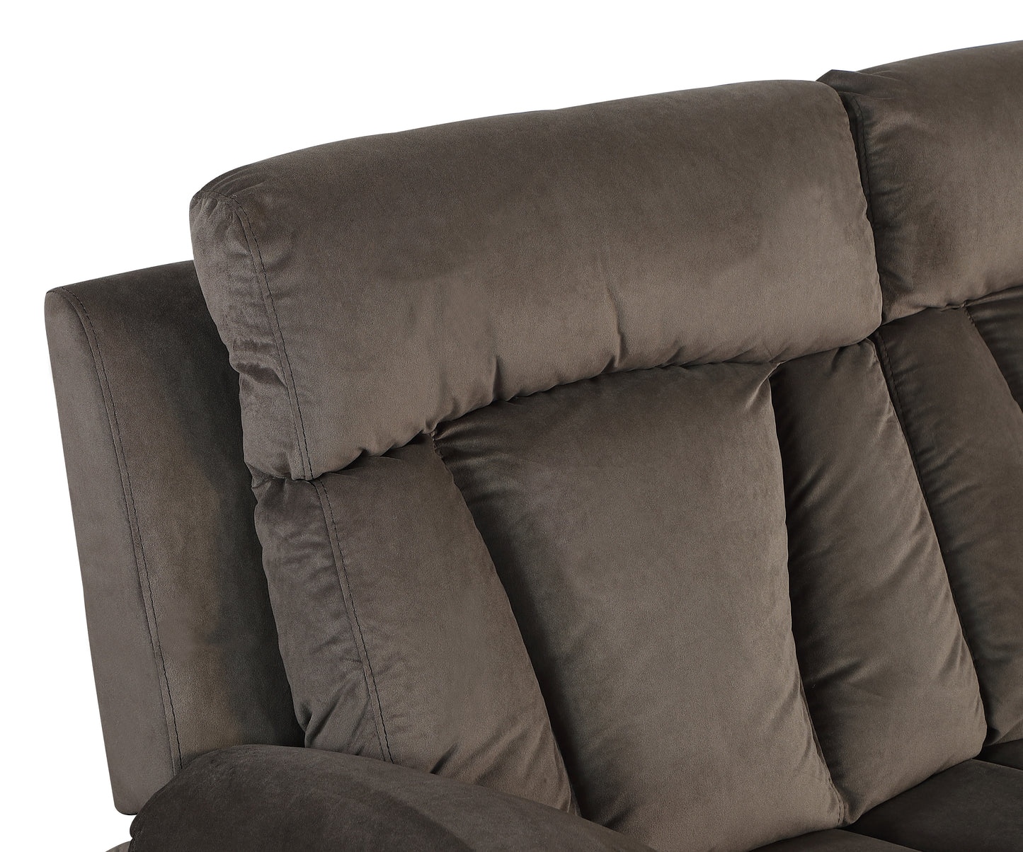Closeup of plush grey fabric sofa headrest with visible stitching