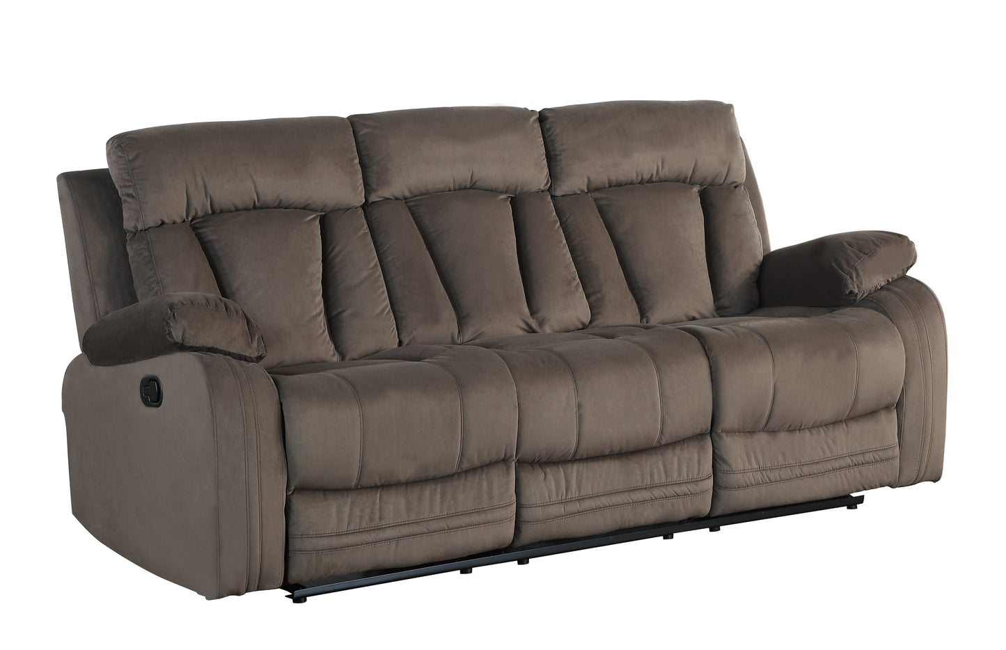 Brown fabric reclining sofa with three plush cushions and padded armrests