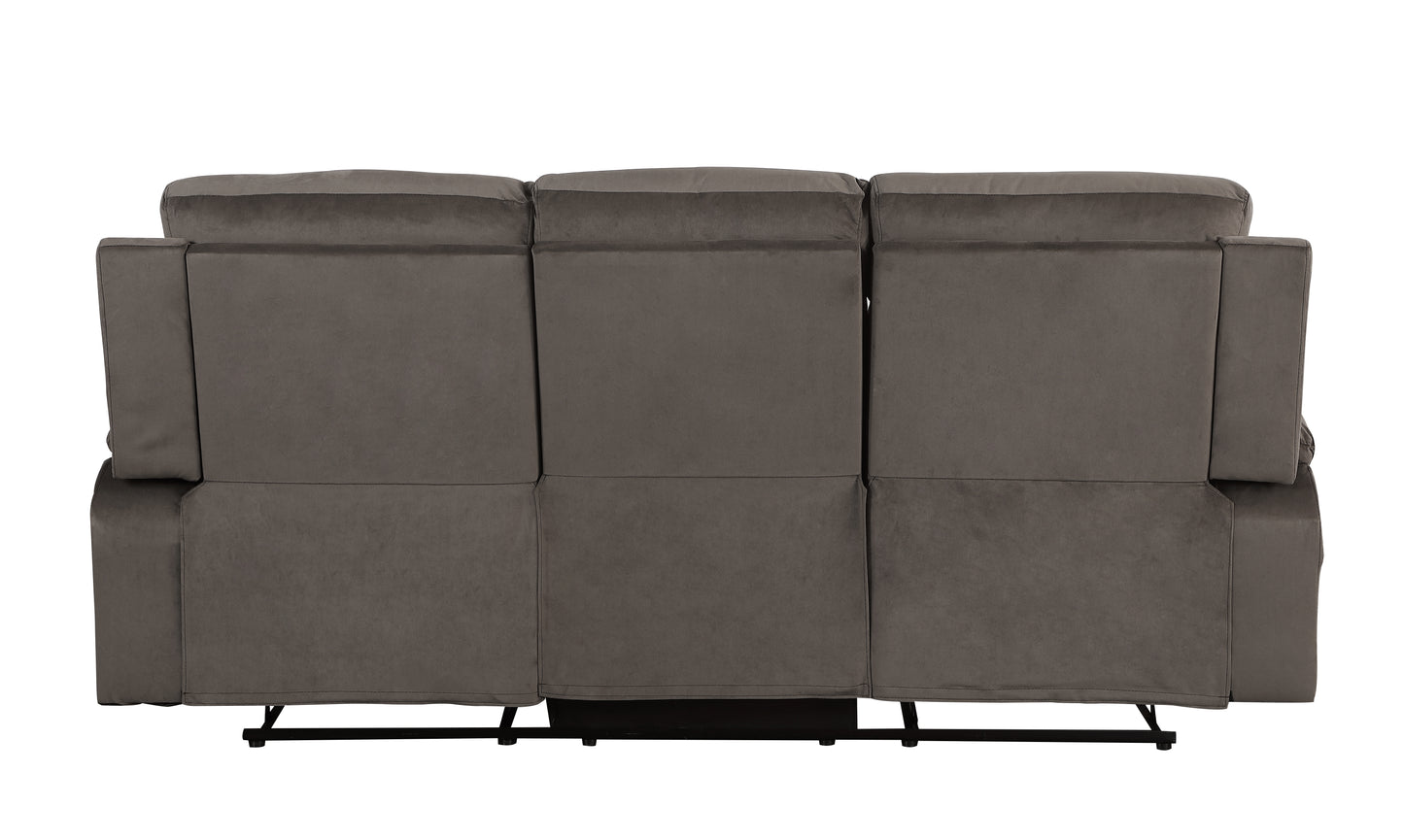 Back view of a plush gray velvet seater recliner sofa