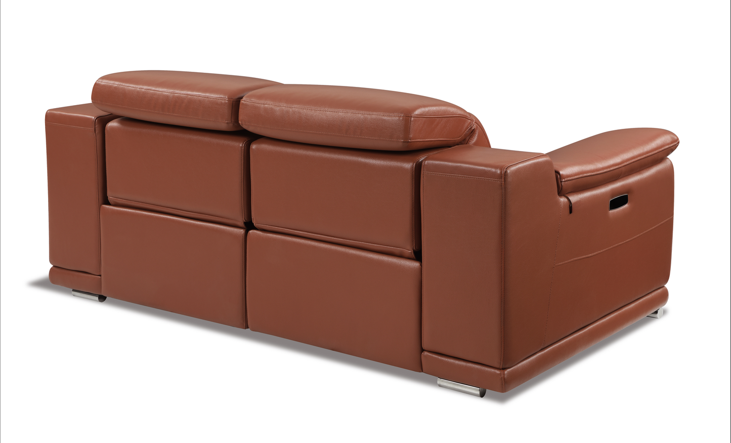 Brown leather reclining sofa with adjustable headrests