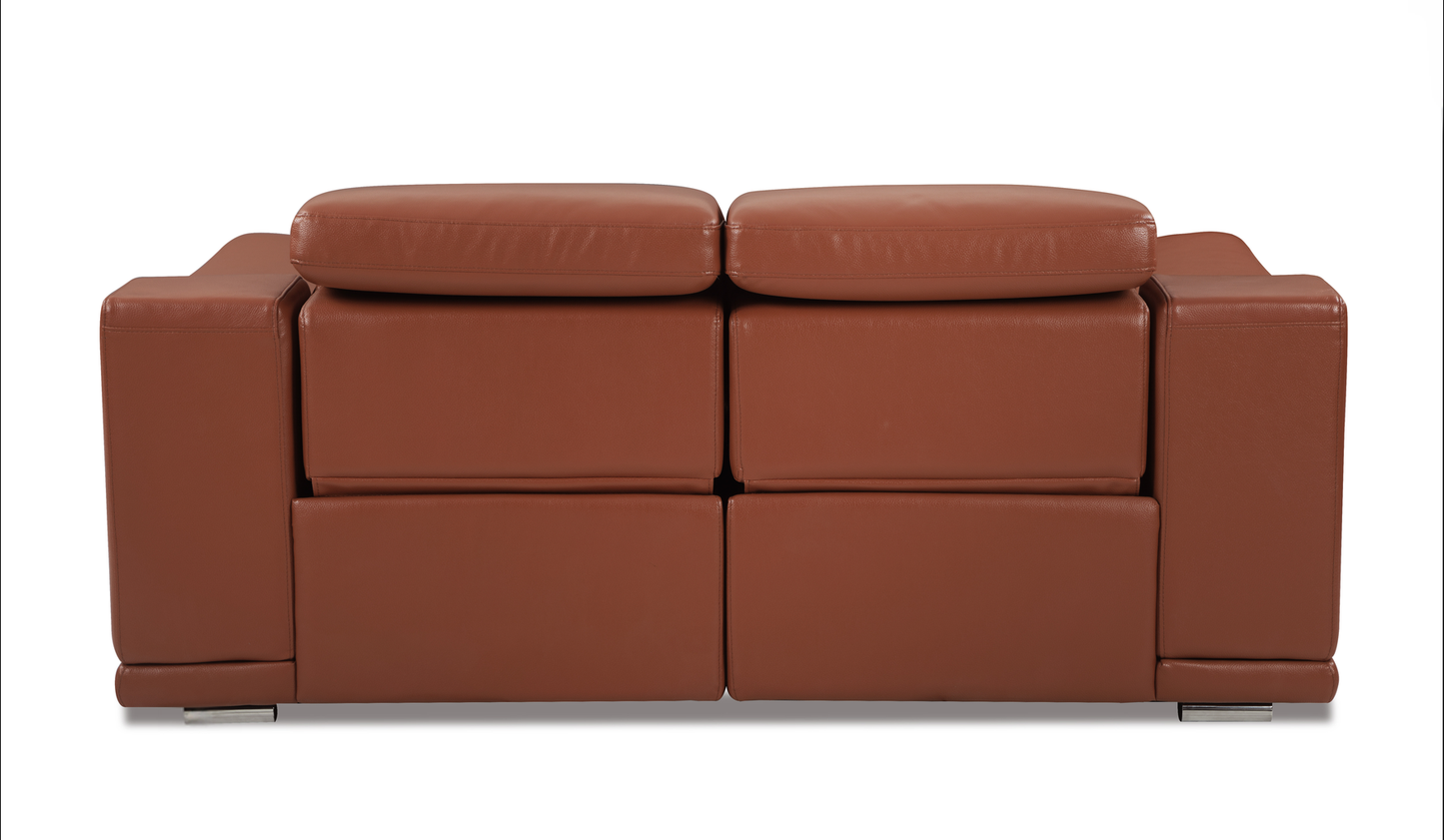 Modern brown leather sofa with plush cushions and silver legs