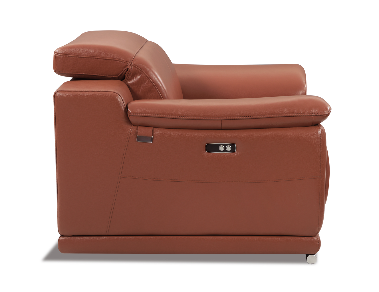 Brown leather recliner armchair with adjustable headrest and chrome accents