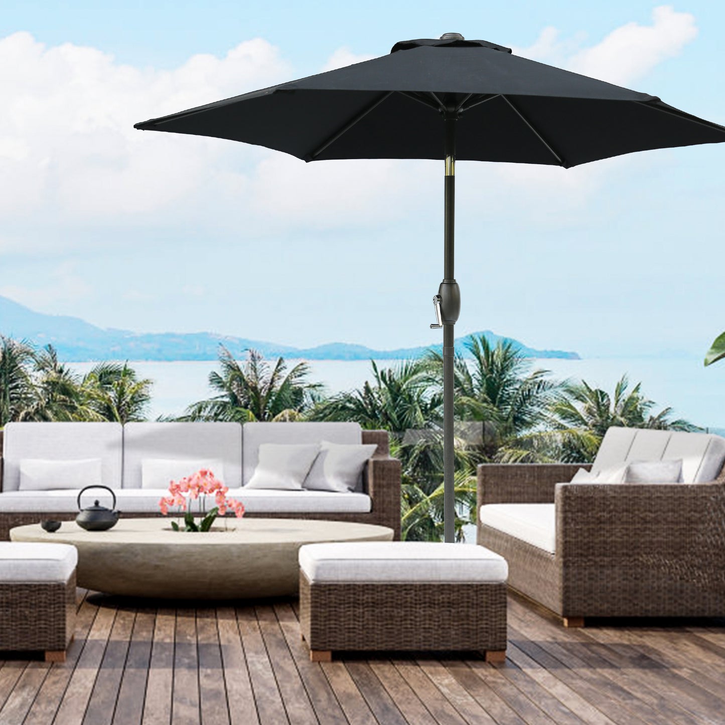 Black square patio umbrella with crank for easy opening and closing