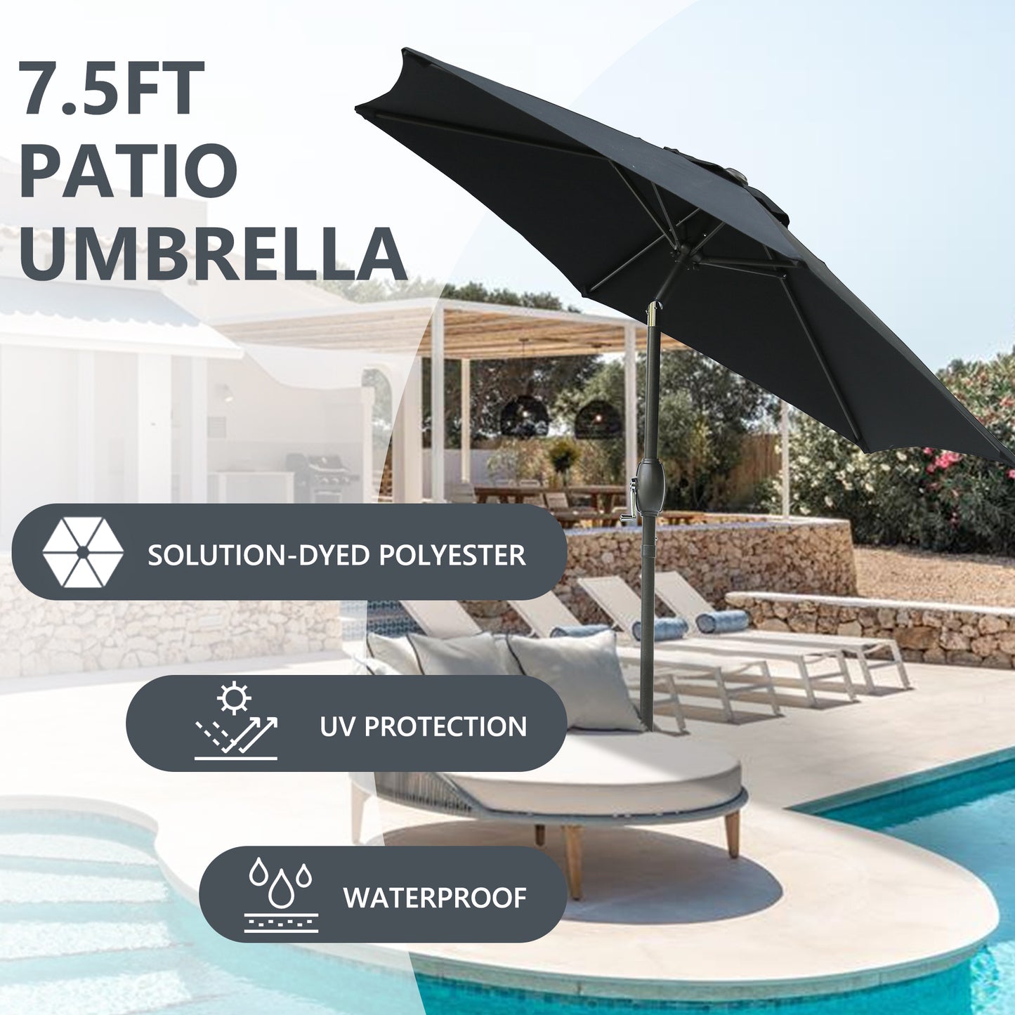Black ft patio umbrella with solutiondyed polyester fabric for durability