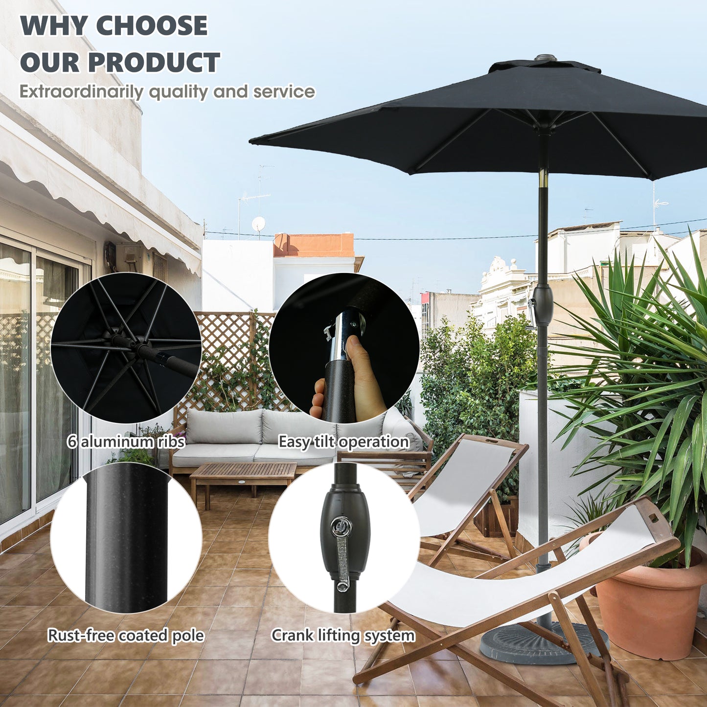 Black patio umbrella with aluminum ribs and a crank lifting system for outdoor shade