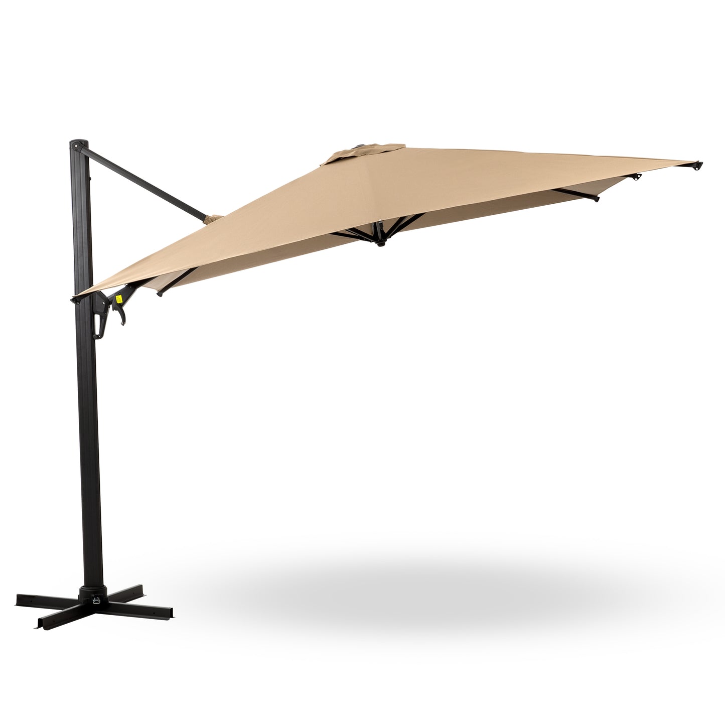 Beige cantilever patio umbrella with black metal base ideal for garden shade