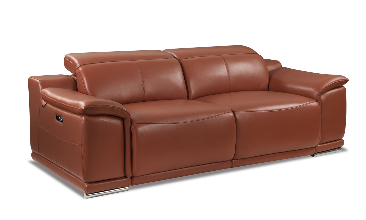 Brown leather reclining sofa with chrome legs