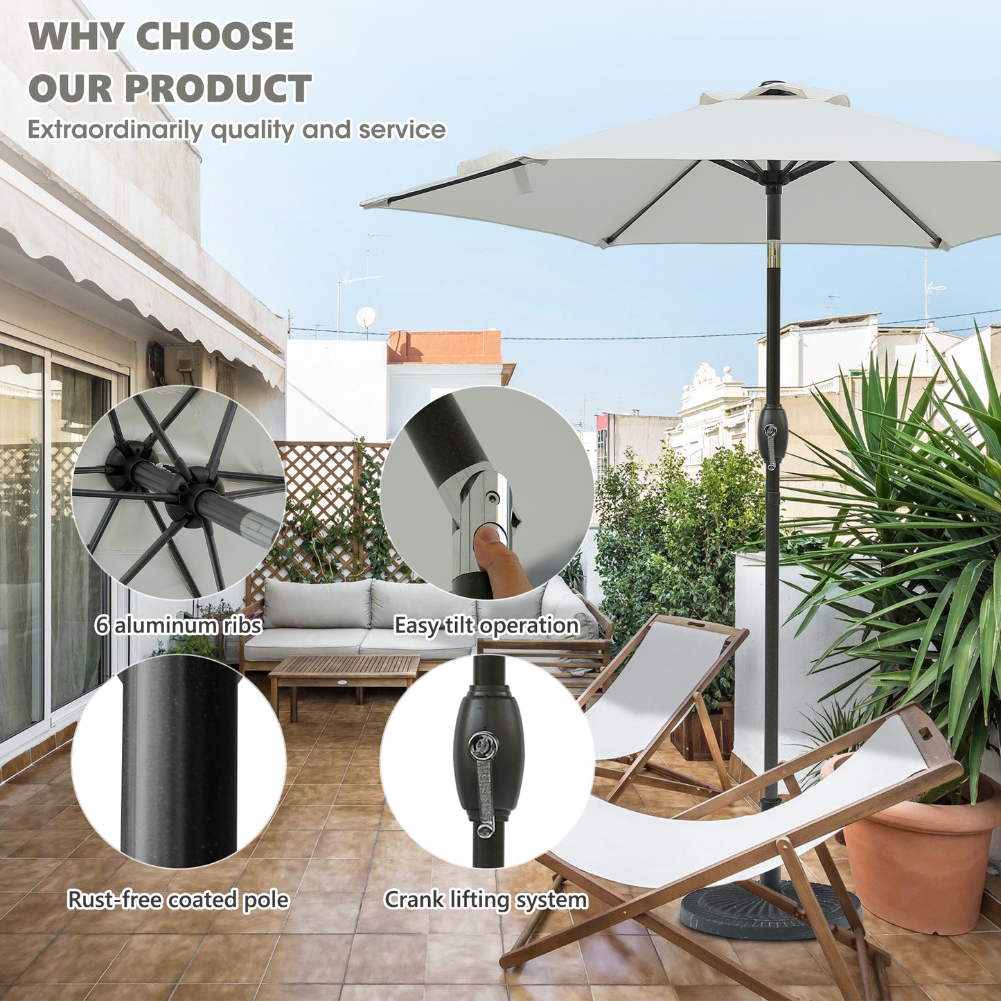 White patio umbrella with aluminum ribs and rustfree coated pole for outdoor shade
