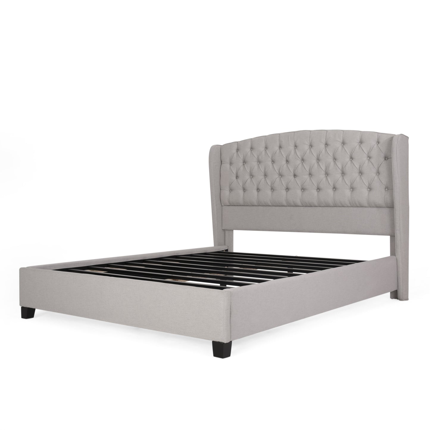 Light gray upholstered bed frame with tufted wingback headboard and black legs