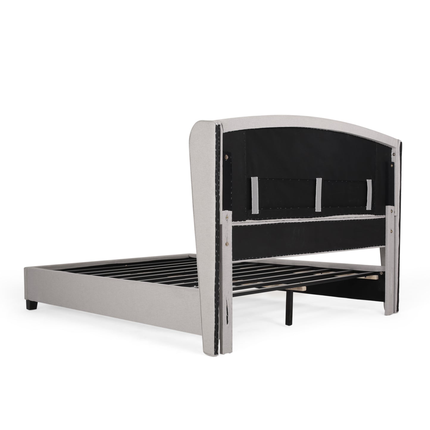Upholstered grey king bed frame with integrated slat system