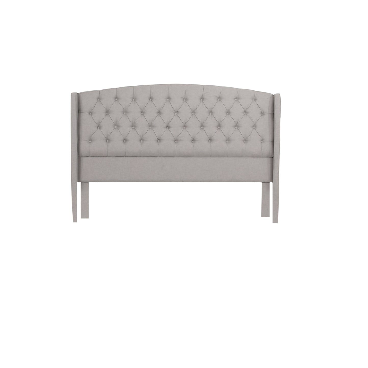 Light grey tufted wingback headboard with diamond tufting and curved top