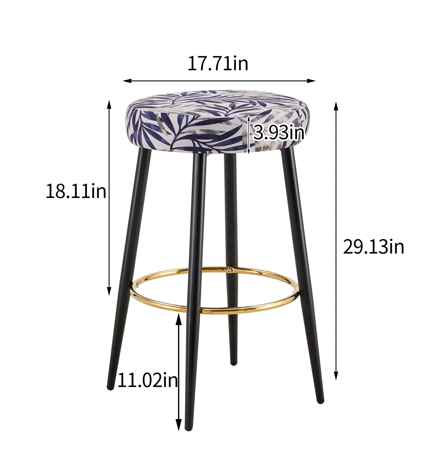 Blue leaf print accent stool with black legs and gold footrest ring