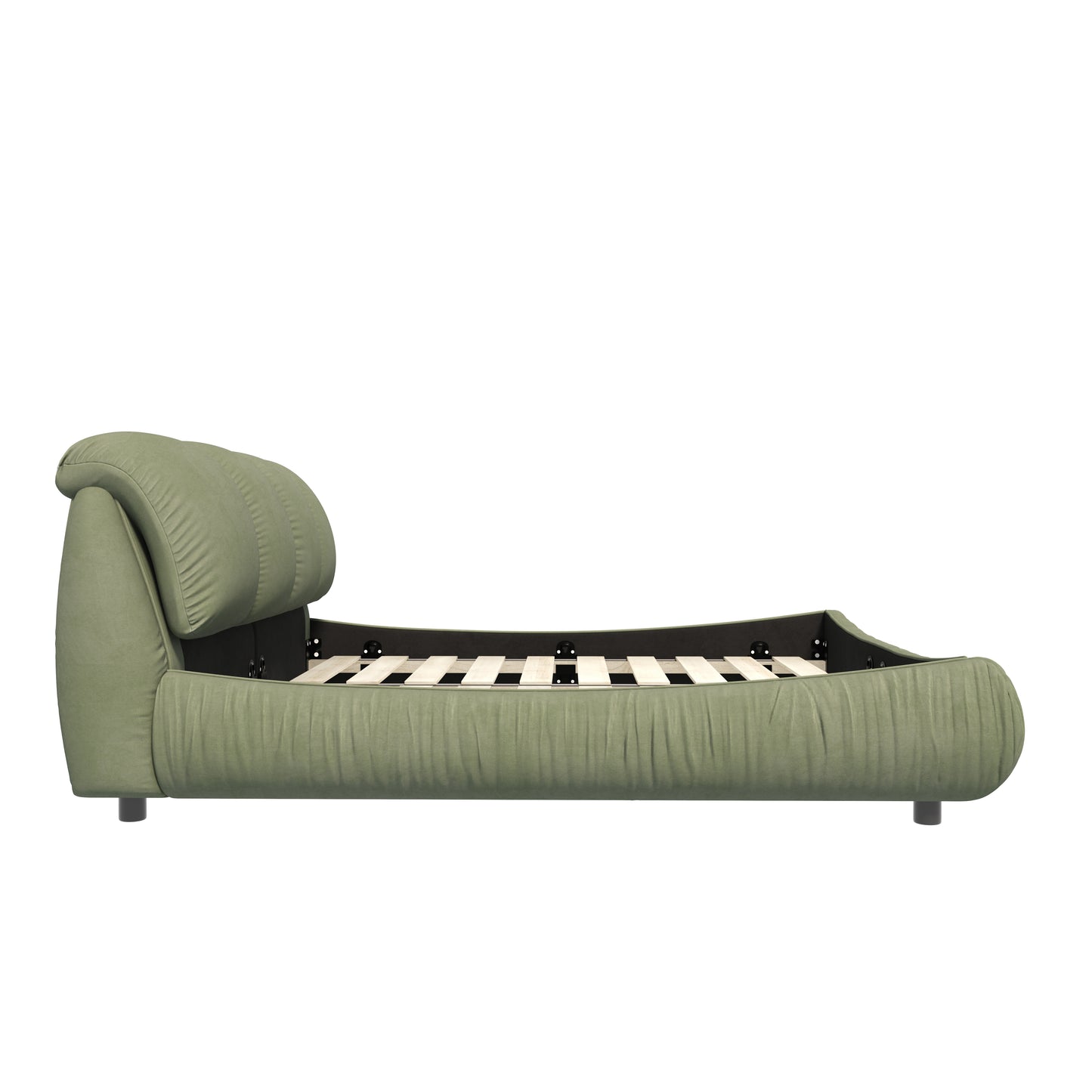 Sage green upholstered bed frame with tufted headboard and slats