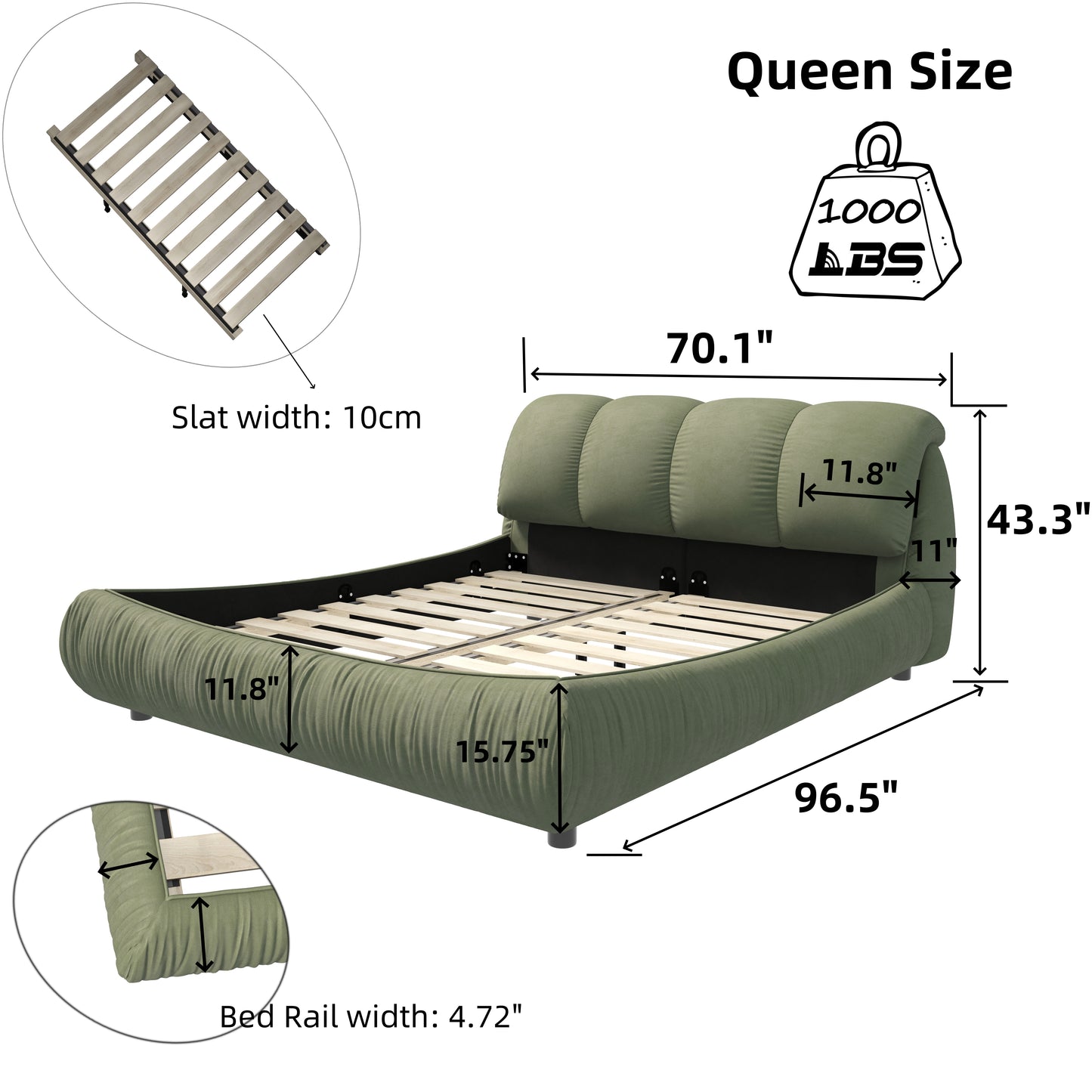 Queen size upholstered bed frame in sage green velvet with channel tufting and wooden slats