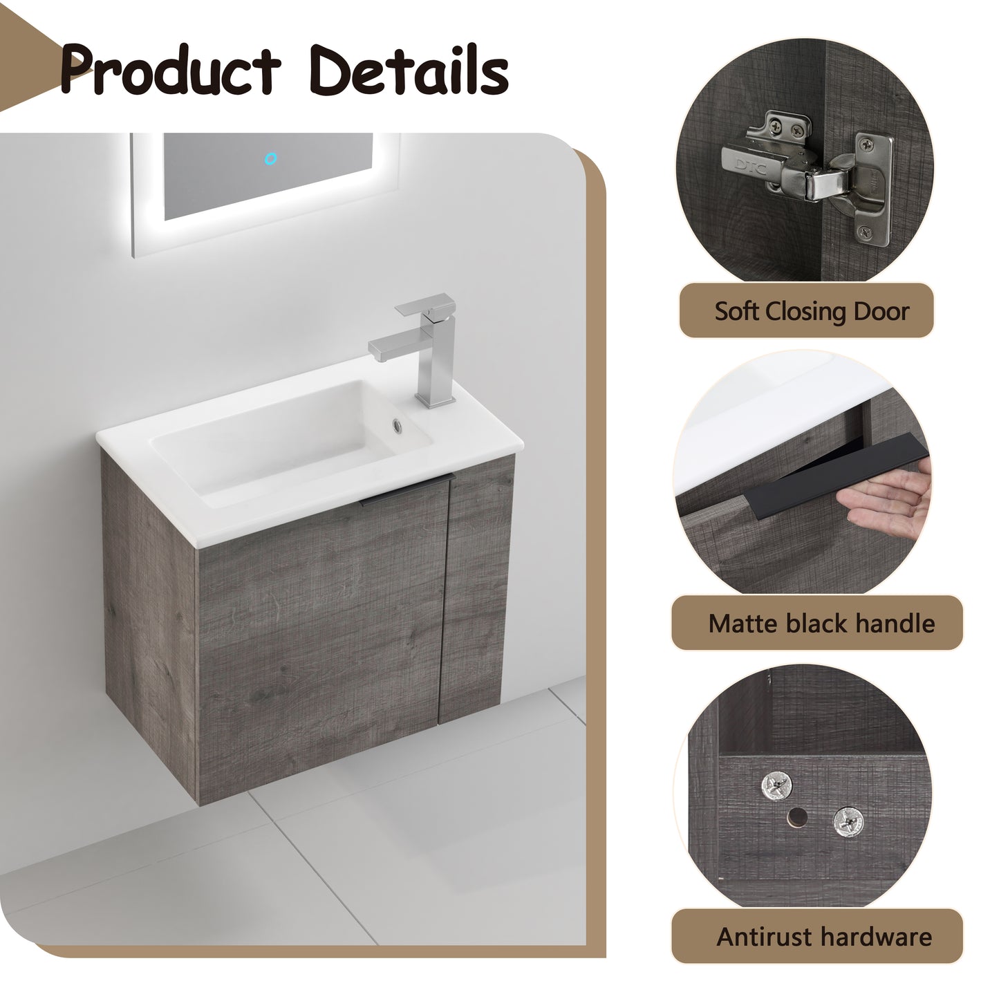 Modern grey wood grain bathroom vanity with a white ceramic sink and chrome faucet