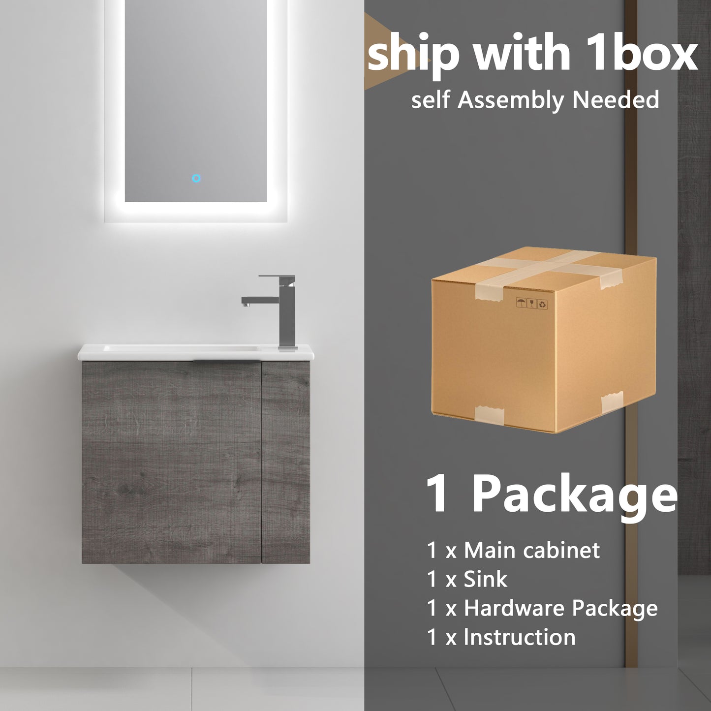 Gray wood grain bathroom vanity with white ceramic sink and chrome faucet