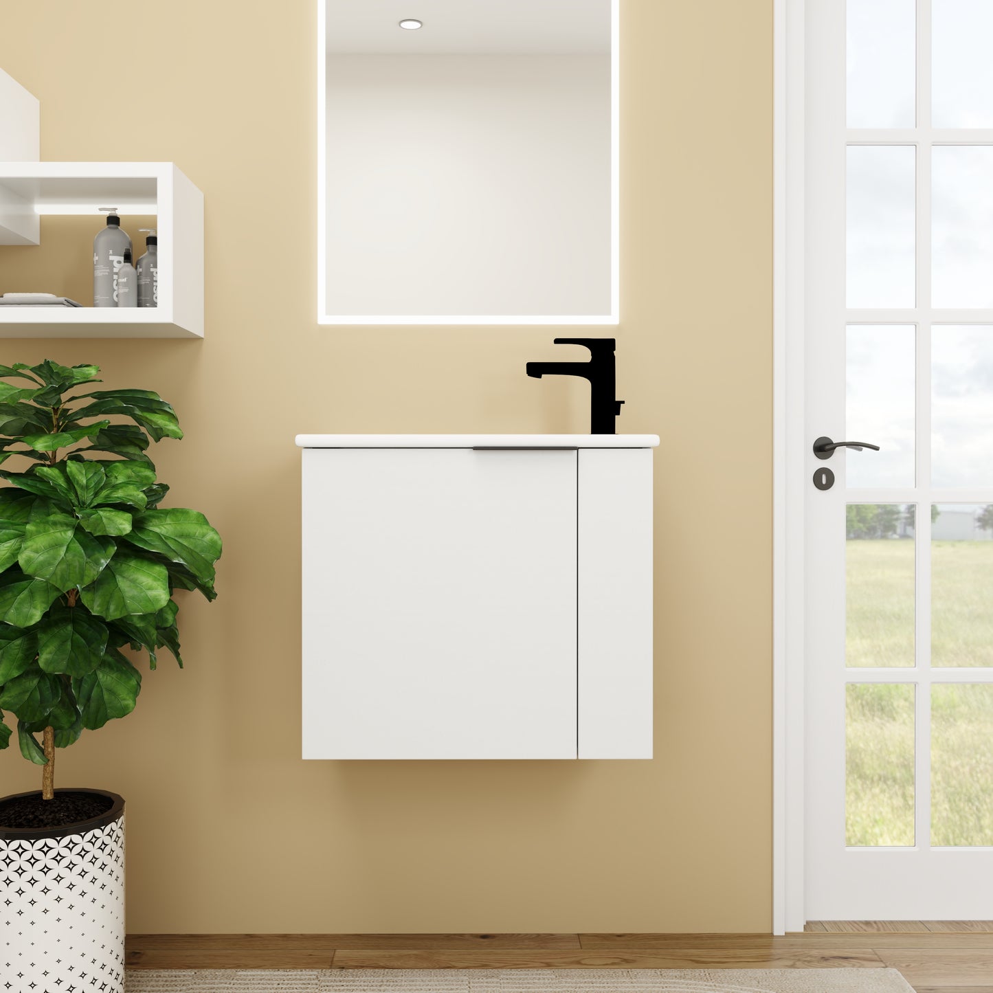 Modern white vanity cabinet with sleek black faucet and integrated LED mirror
