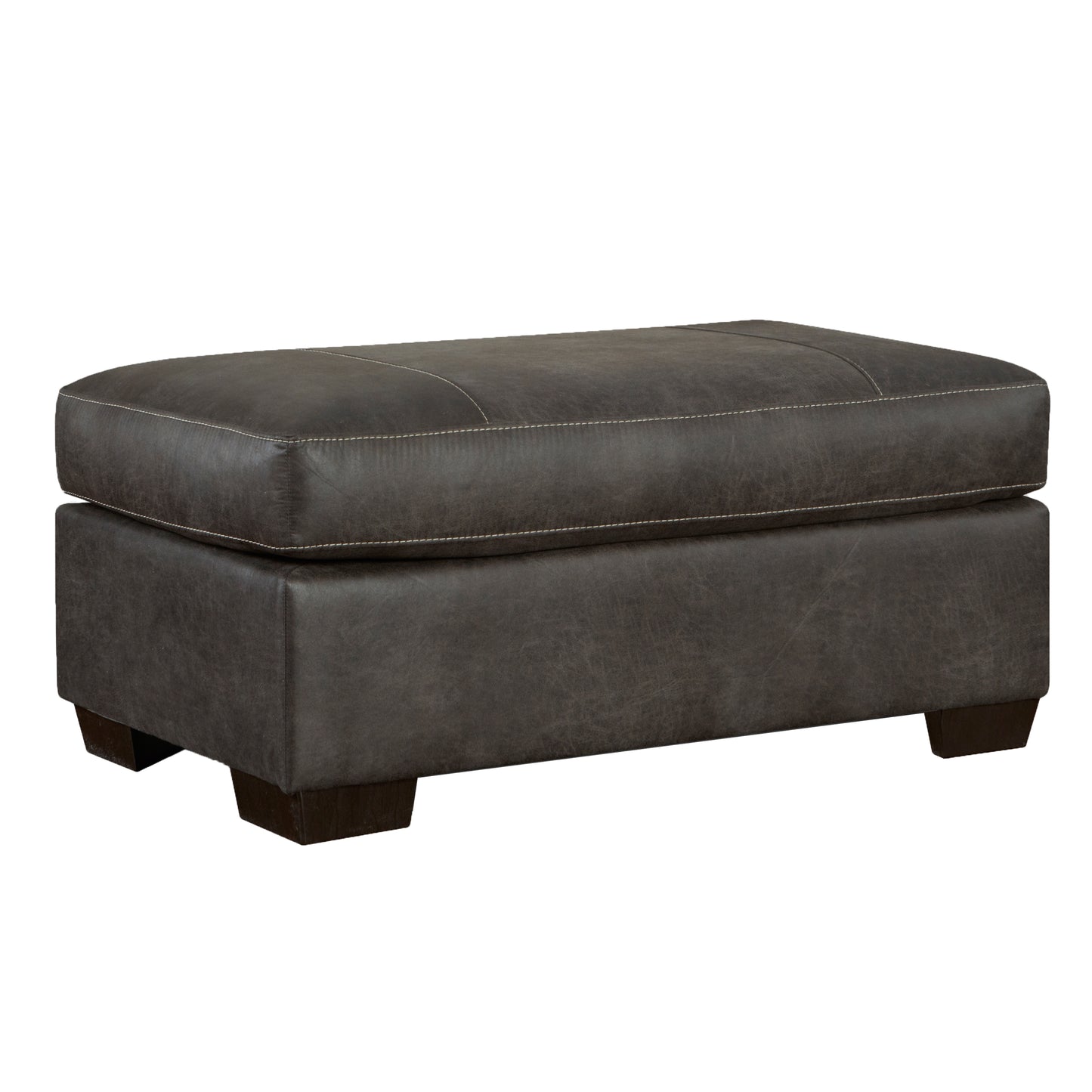 Dark gray leather ottoman with white stitching and dark wood feet