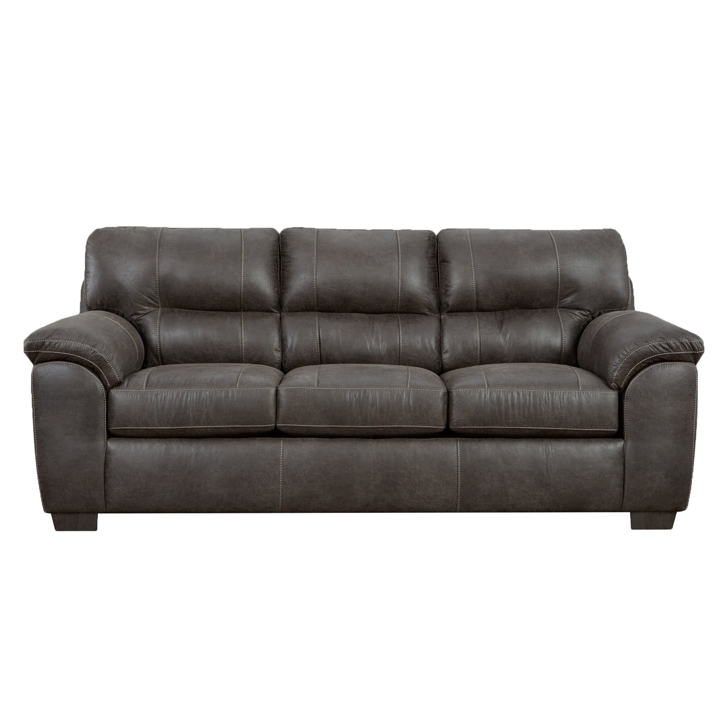 Dark brown faux leather sofa with three cushioned seats and visible stitching detail