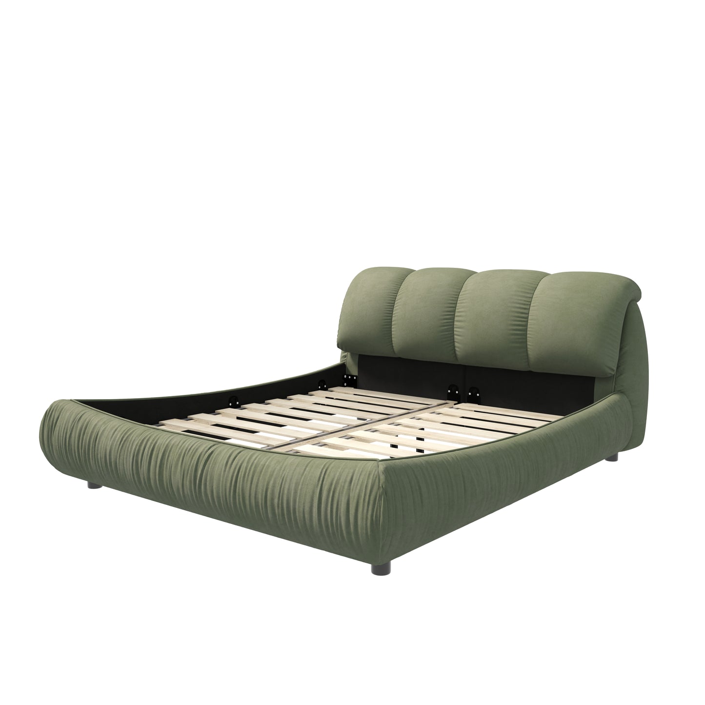 Sage green upholstered bed frame with curved headboard and wooden slats