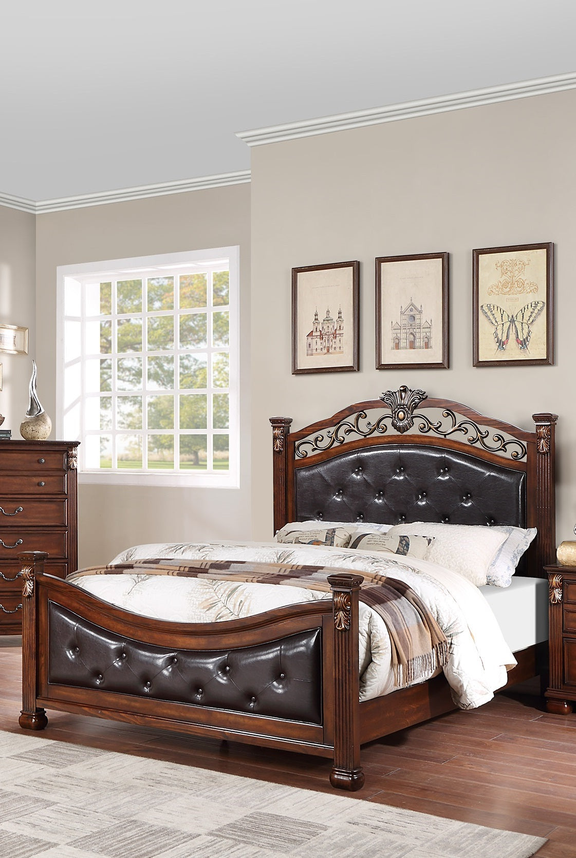 TREATLIFE HOME California King Size Bed with Tufted Faux Leather Headboard and Footboard, Dark Cherry Finish