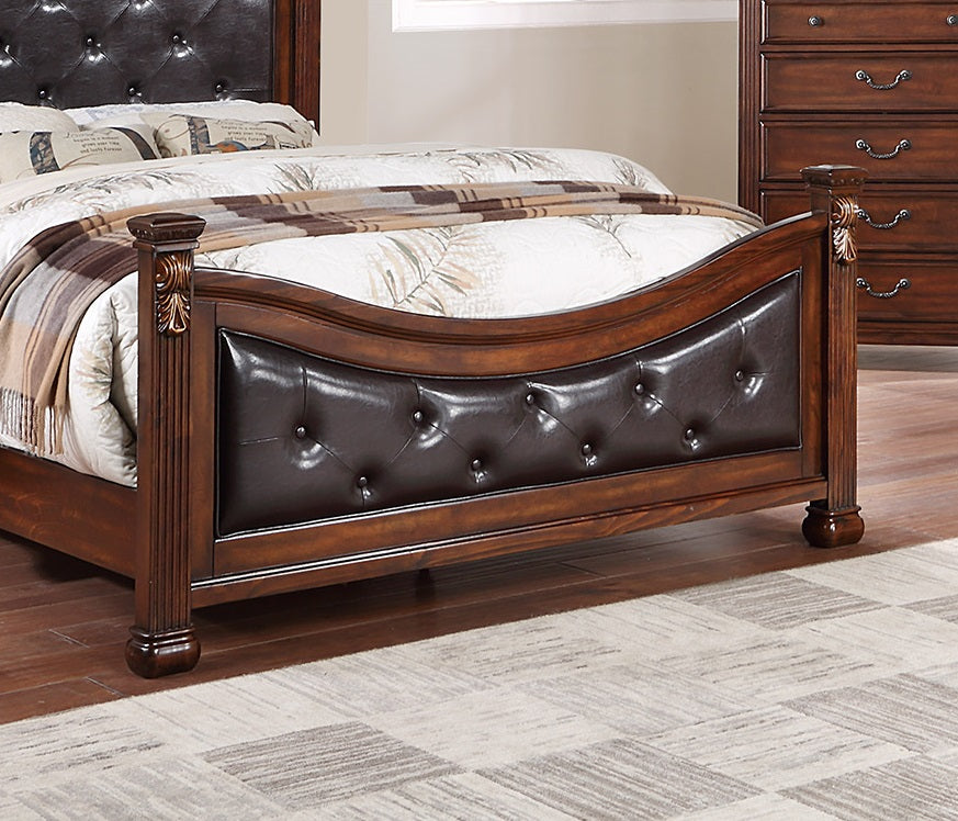 Dark brown faux leather tufted headboard and footboard on a classic wooden king bed frame