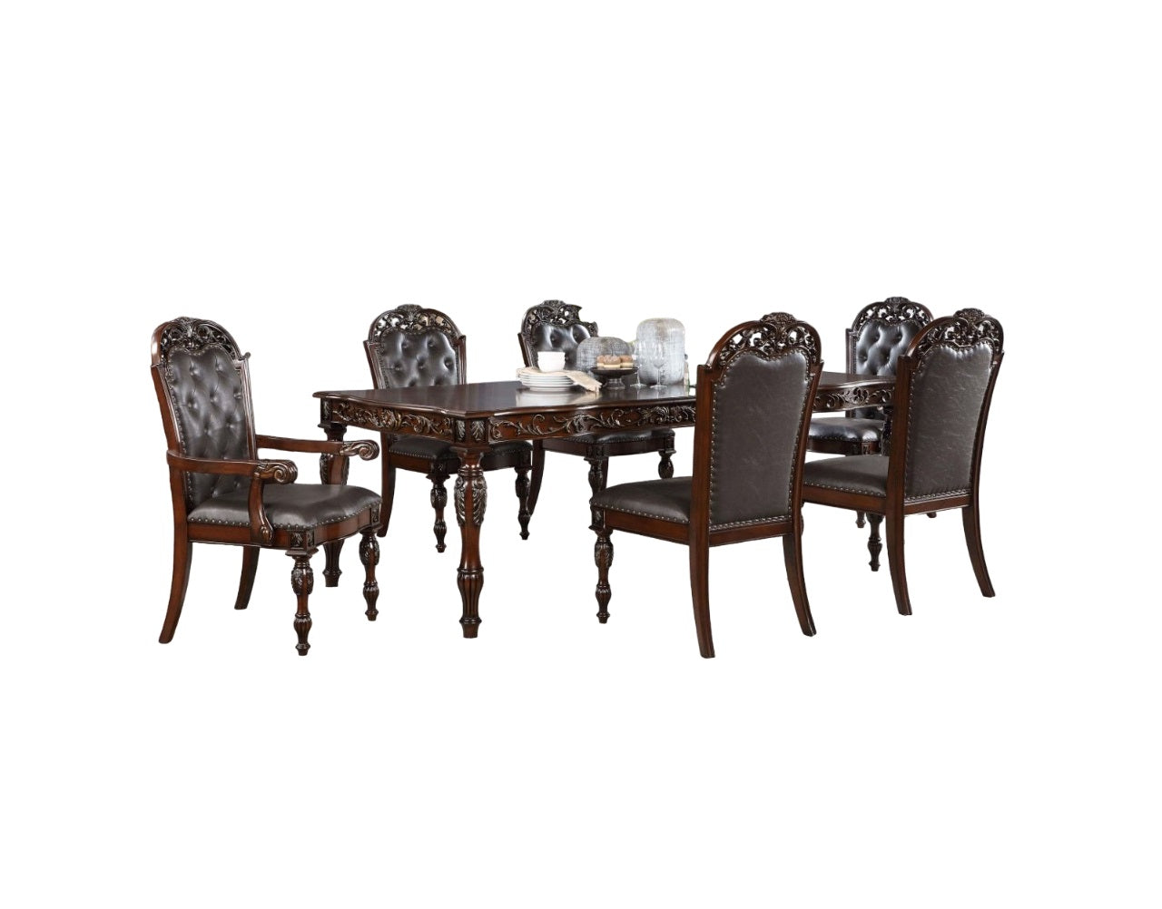 Antique dining set with dark wood table and upholstered chairs