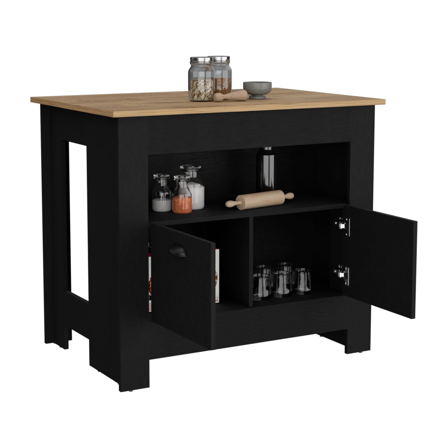 Black kitchen island with oak countertop and open cabinets
