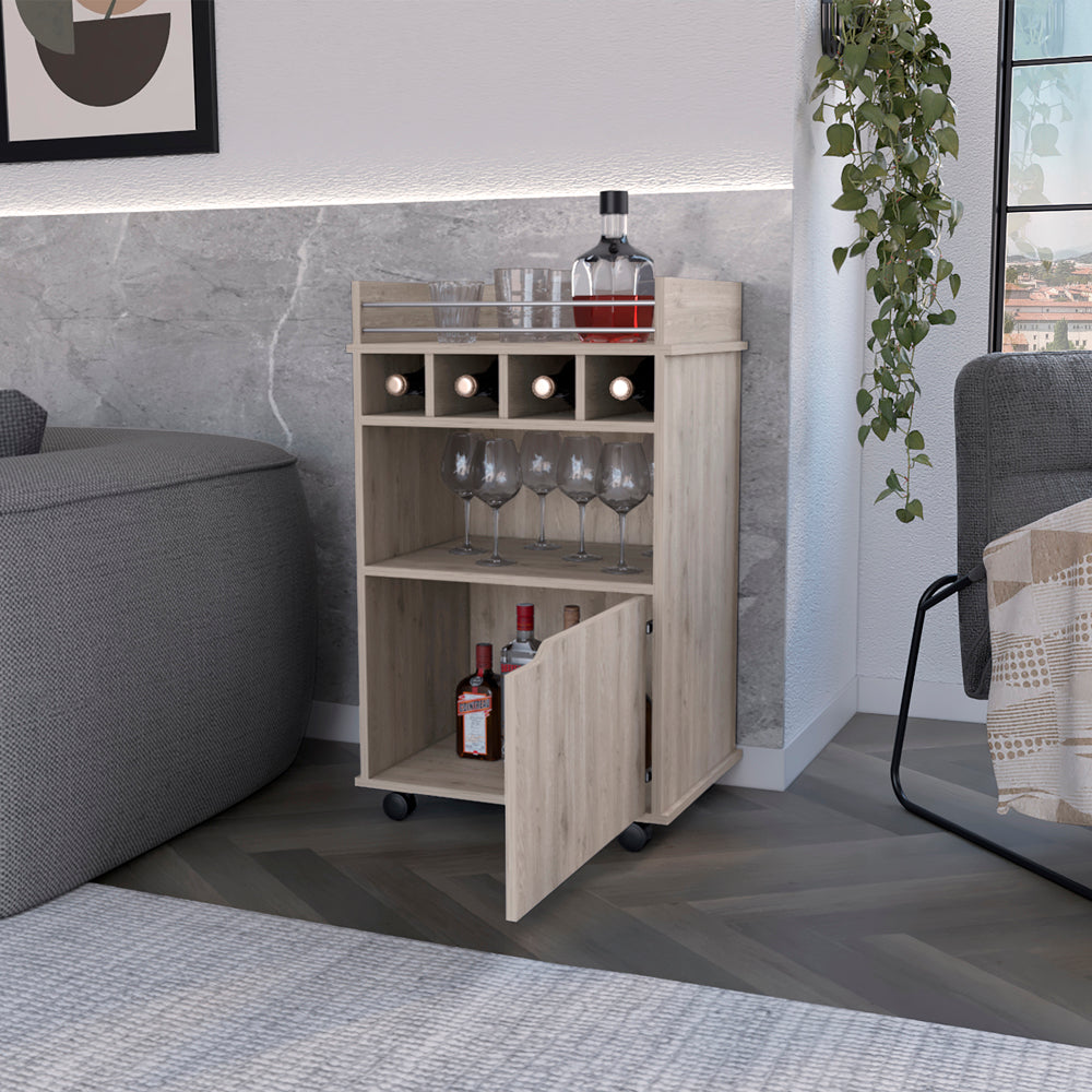 Light oak mobile bar cart with wine rack and glass storage