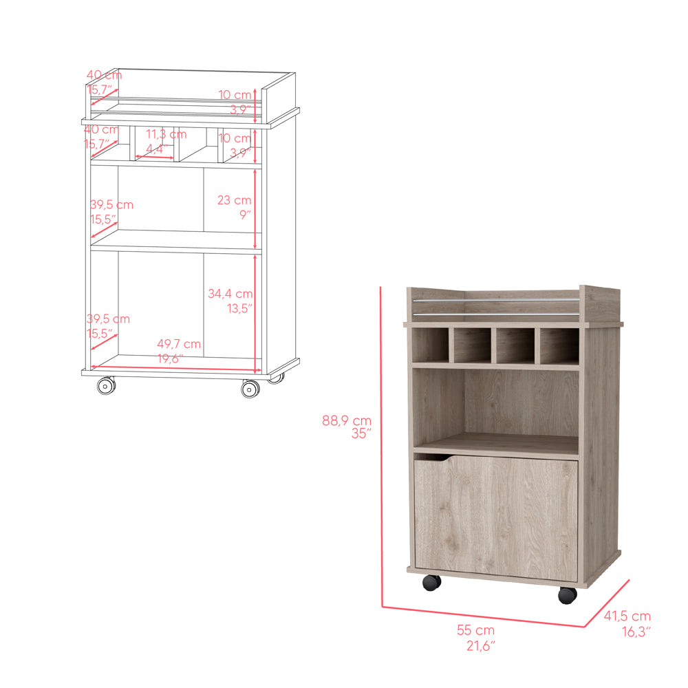 Wooden kitchen cart with wheels and multiple shelves