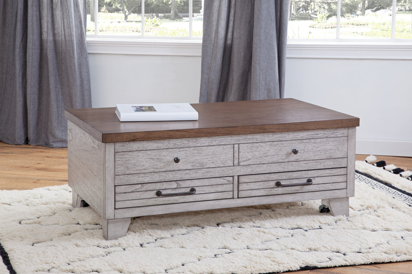 TREATLIFE HOME Lift Top Cocktail Table with Distressed Two-Tone Finish, Rustic Farmhouse Style, White and Honey-Smoke Accents