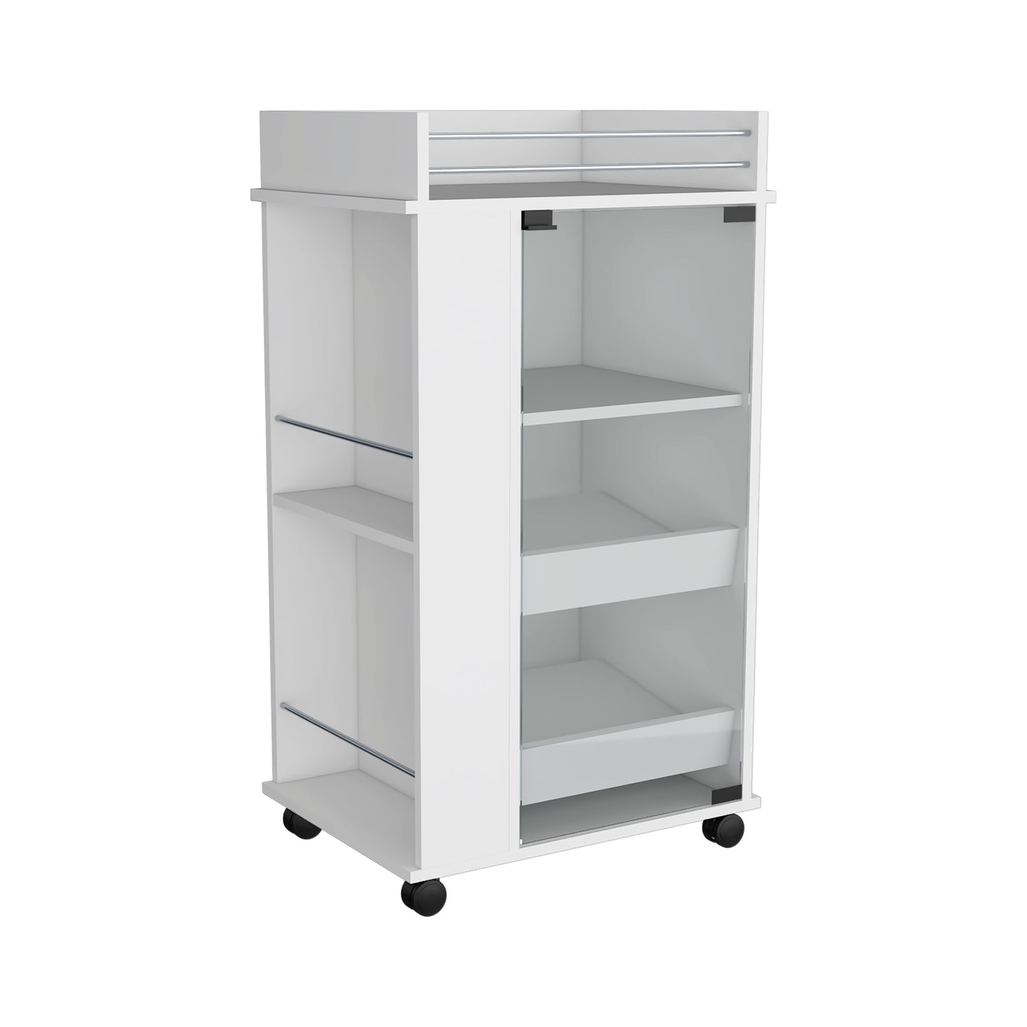 White salon trolley with four shelves and metal towel rack