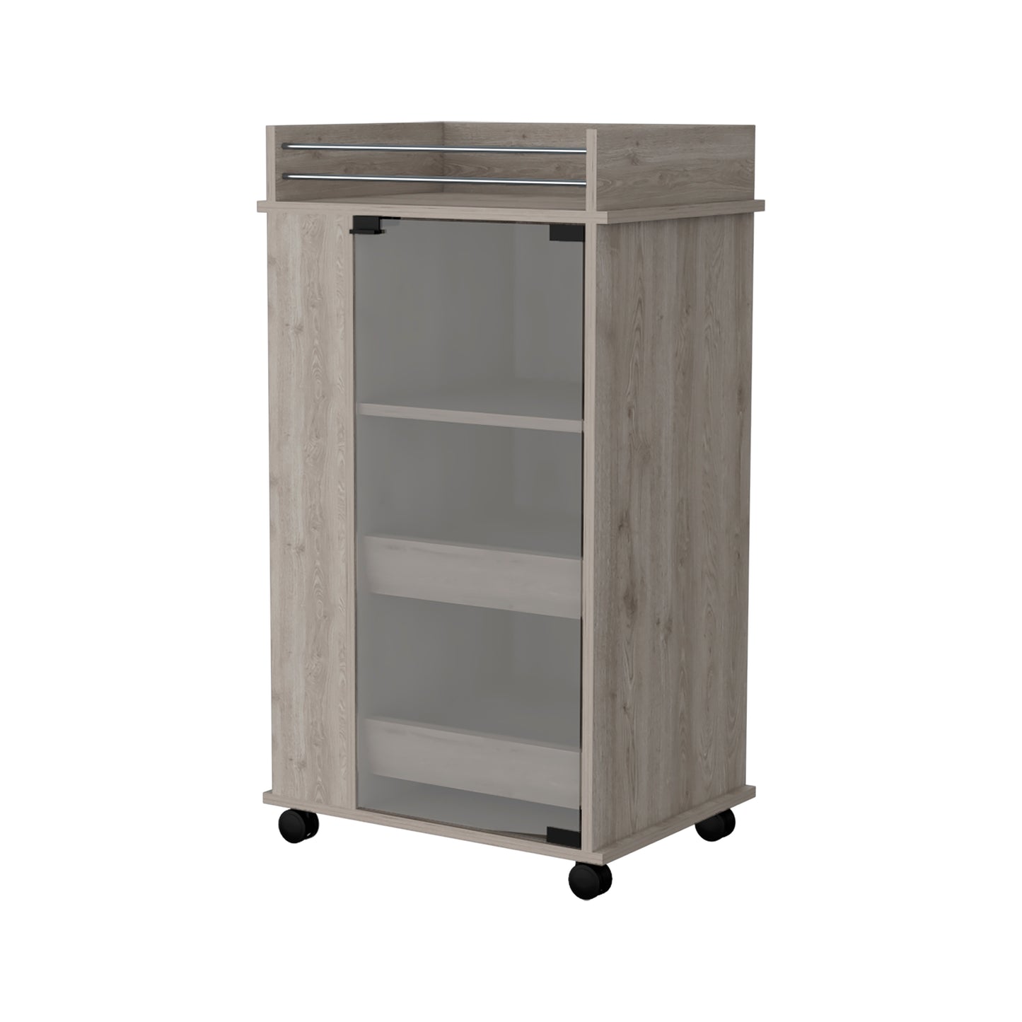Modern wood and glass storage cabinet on wheels