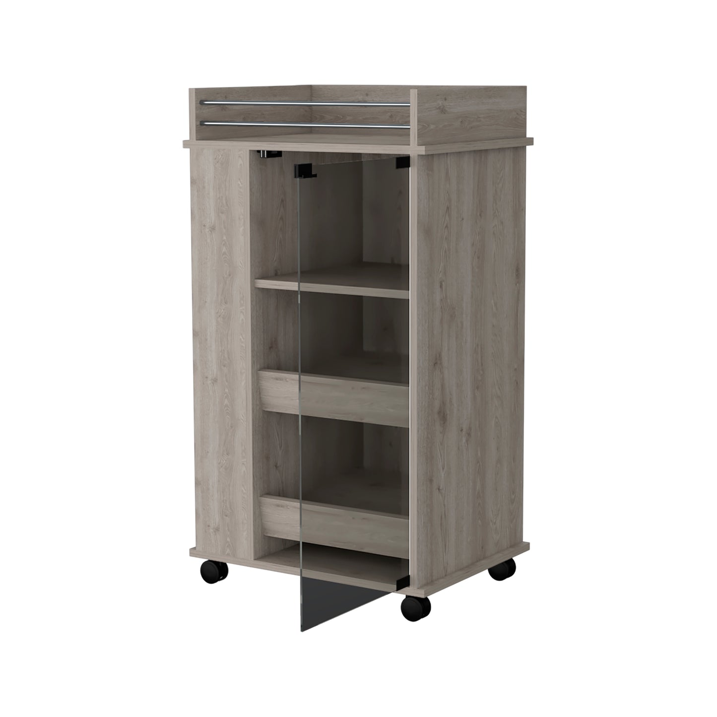 Light oak rolling storage cart with glass door and open shelves