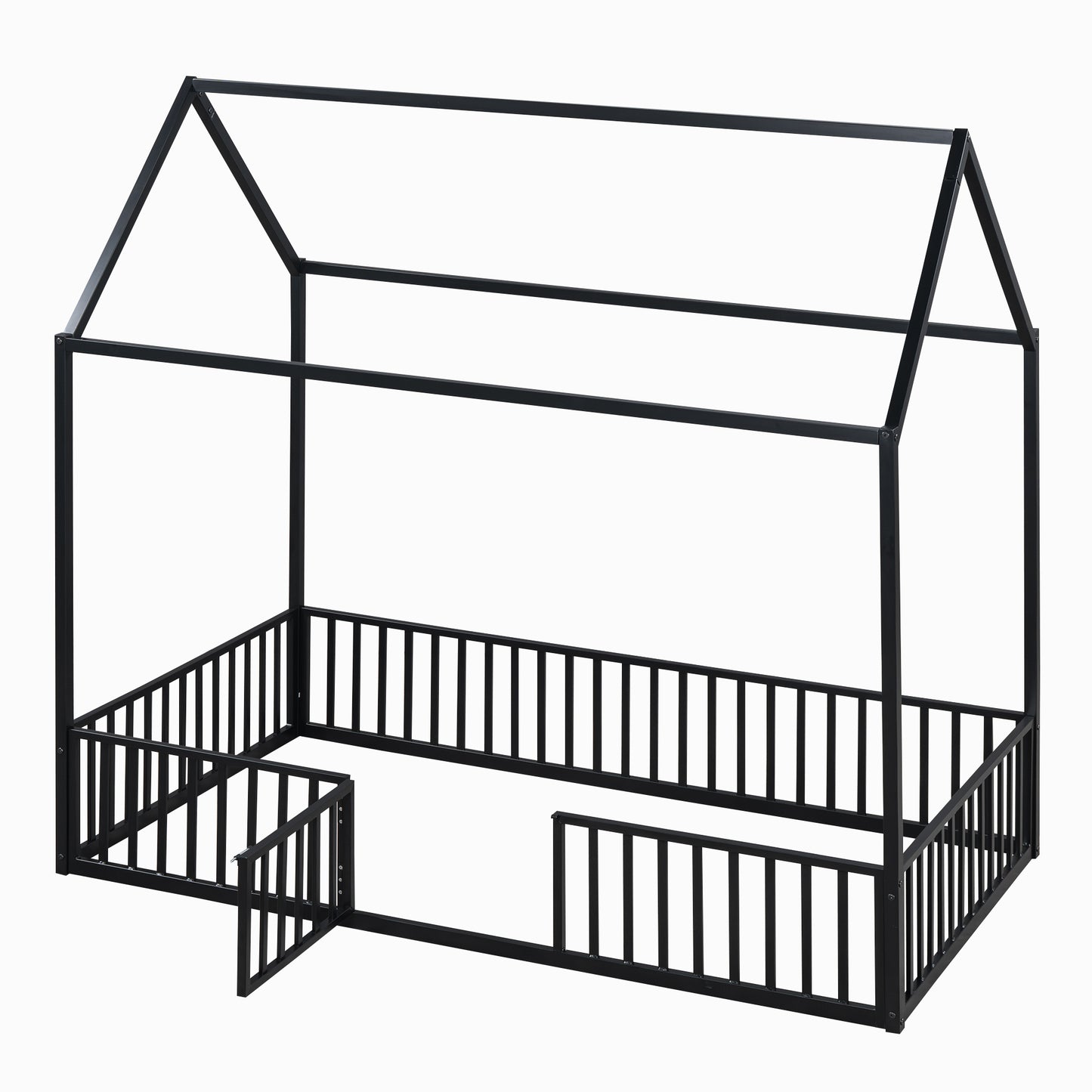 Black metal house frame bed for toddlers with safety rails