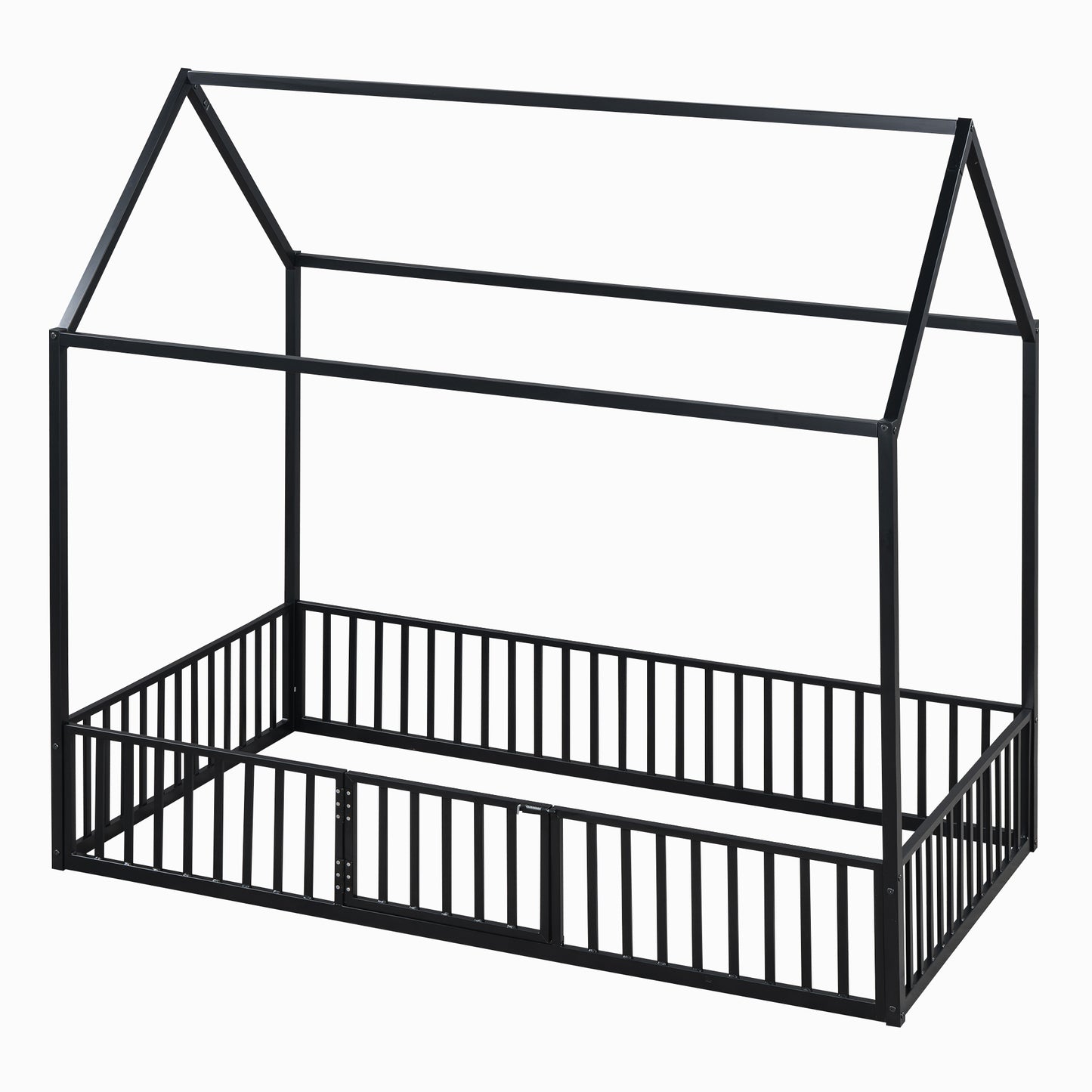 Black metal house bed frame with rails