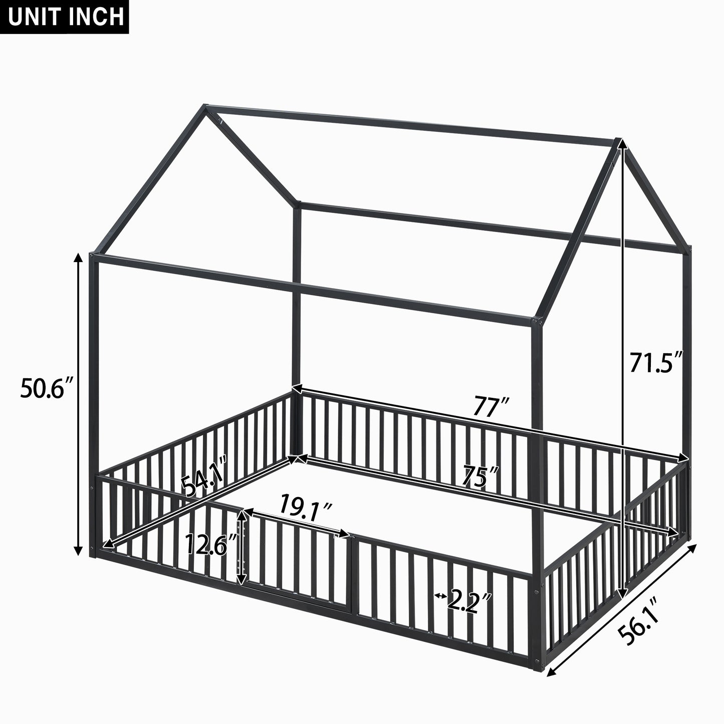 Black metal house bed frame with dimensions displayed
