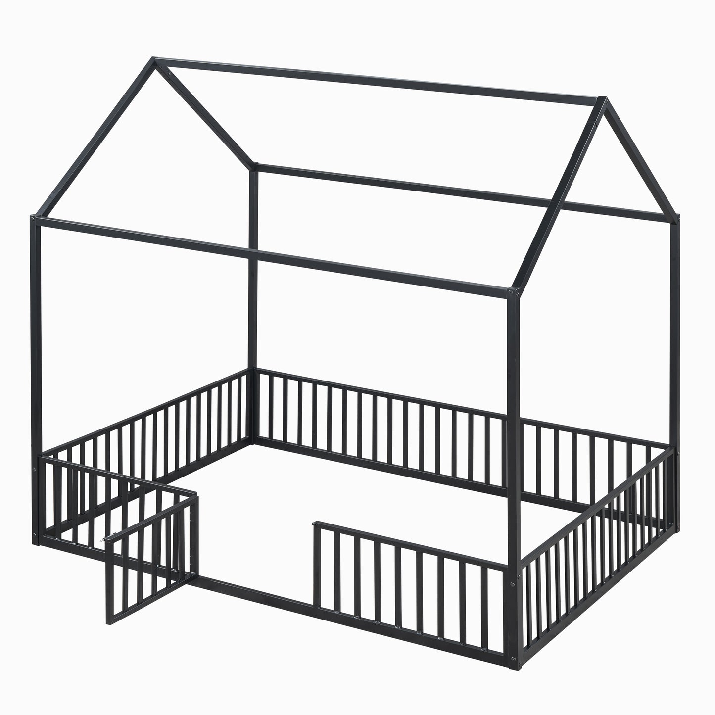 Black metal house frame bed for kids with safety rails