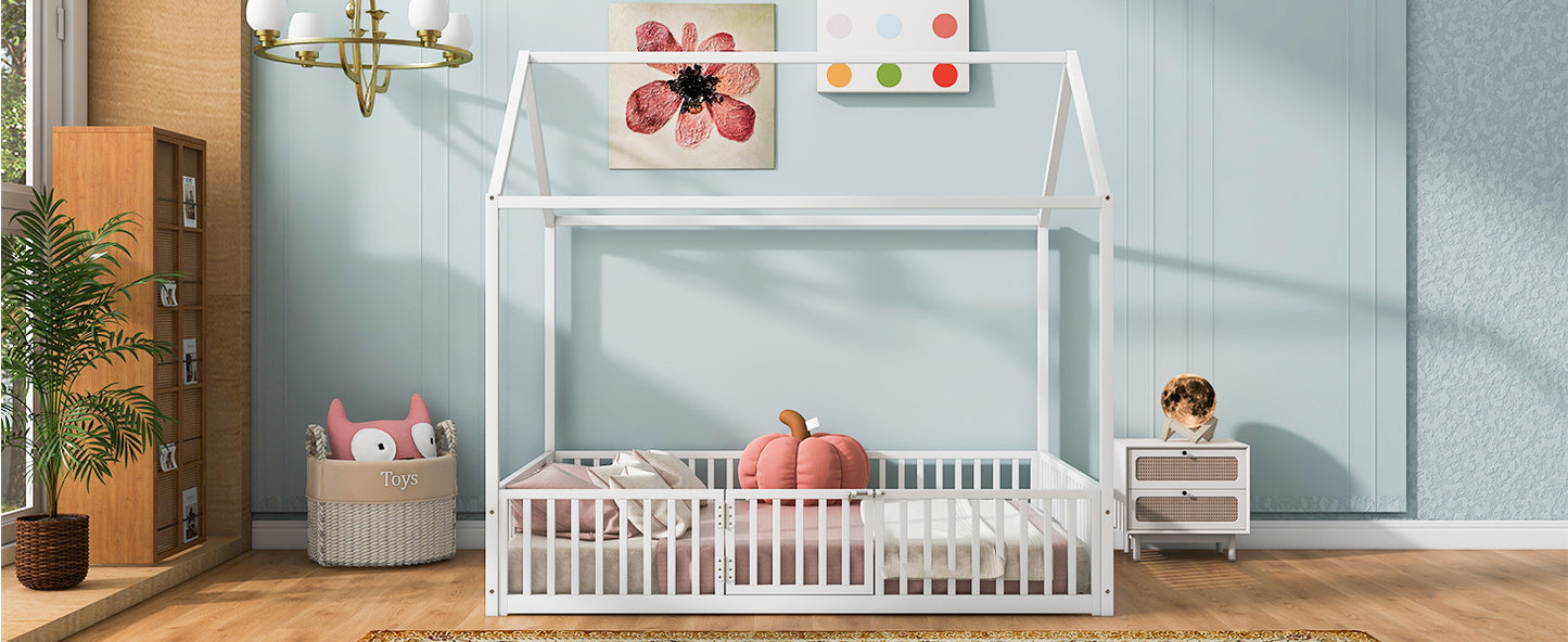 White wooden toddler bed with house frame and safety rails