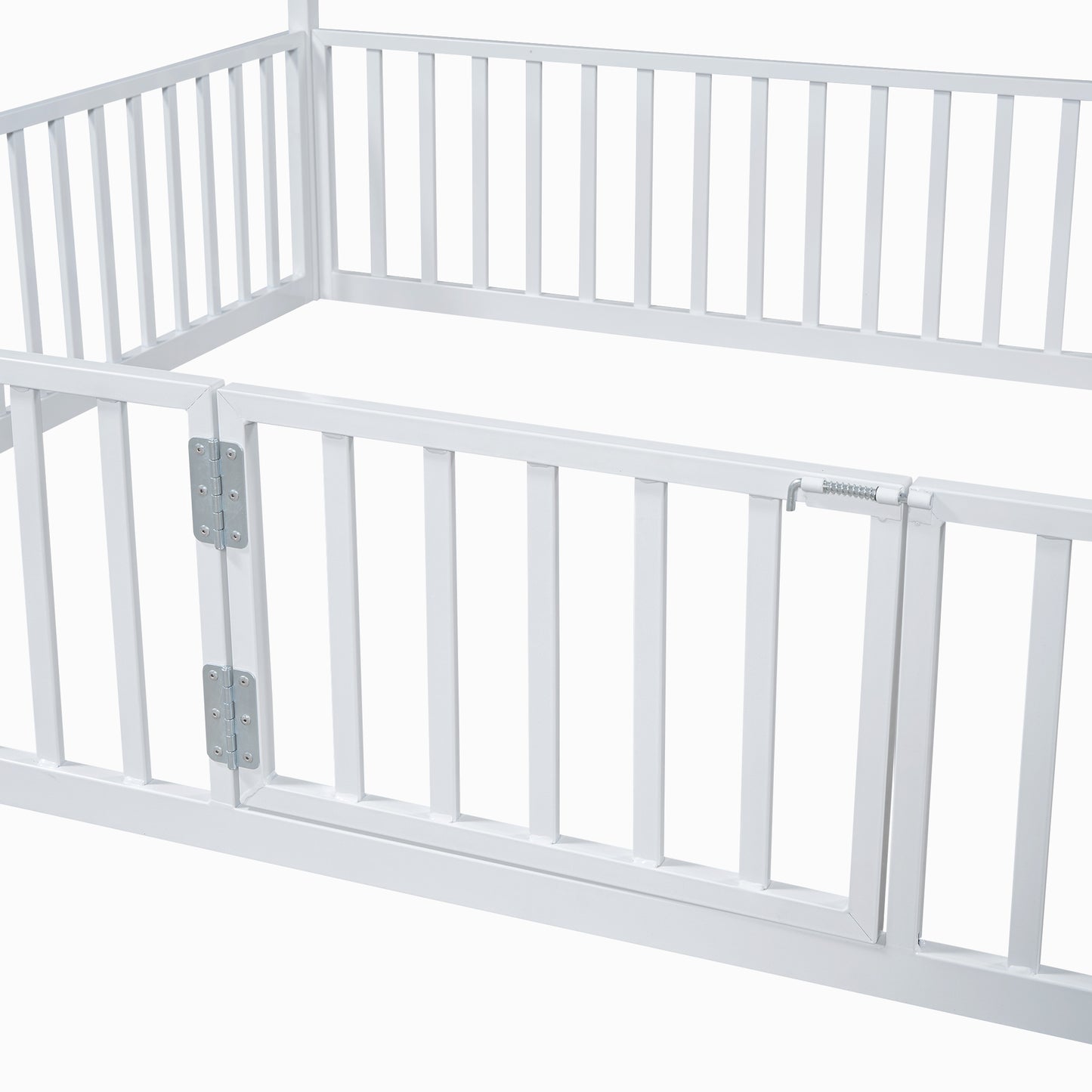 White wooden playpen with hinged gate and bolt latch