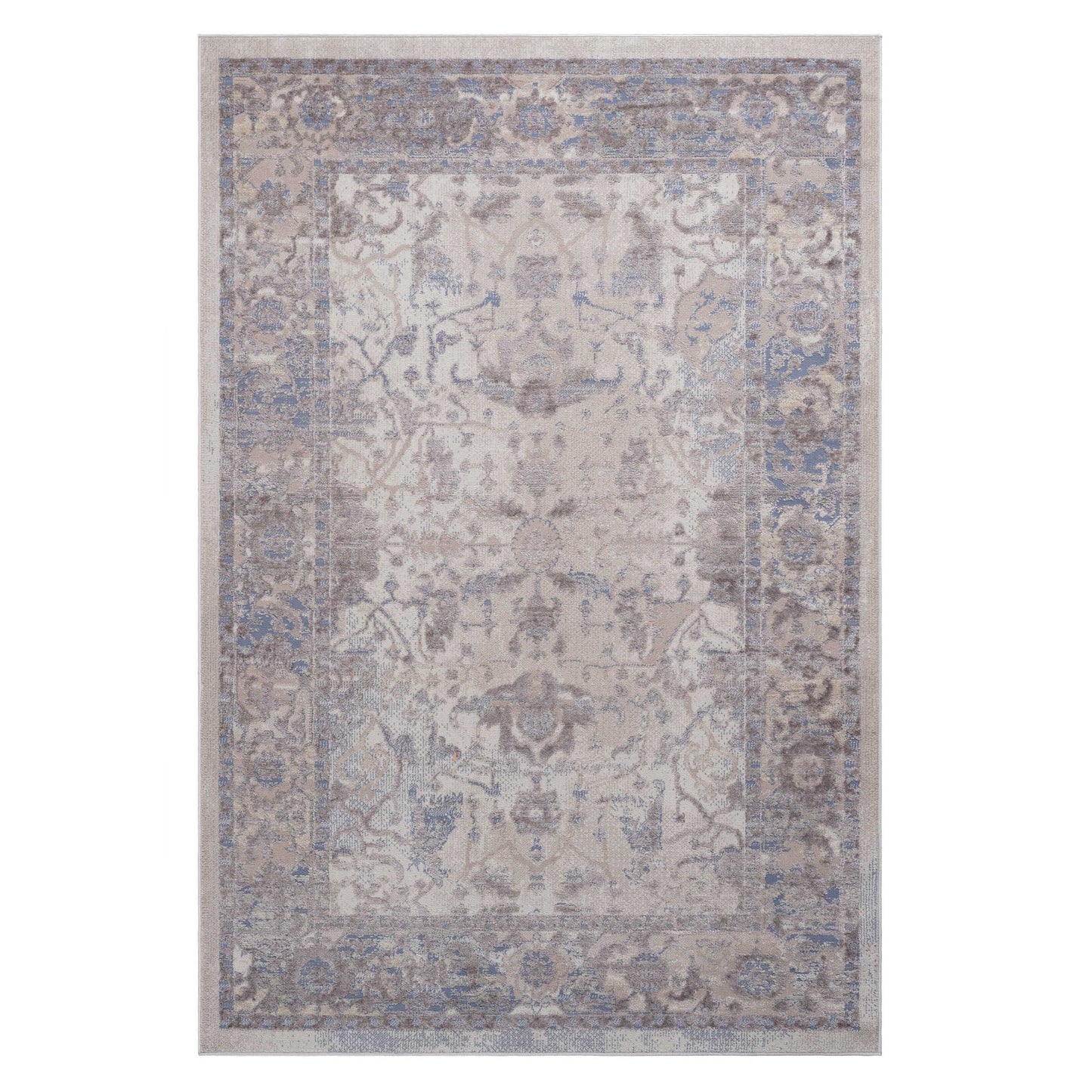 Distressed vintage area rug with ornate floral patterns in beige and soft blue hues