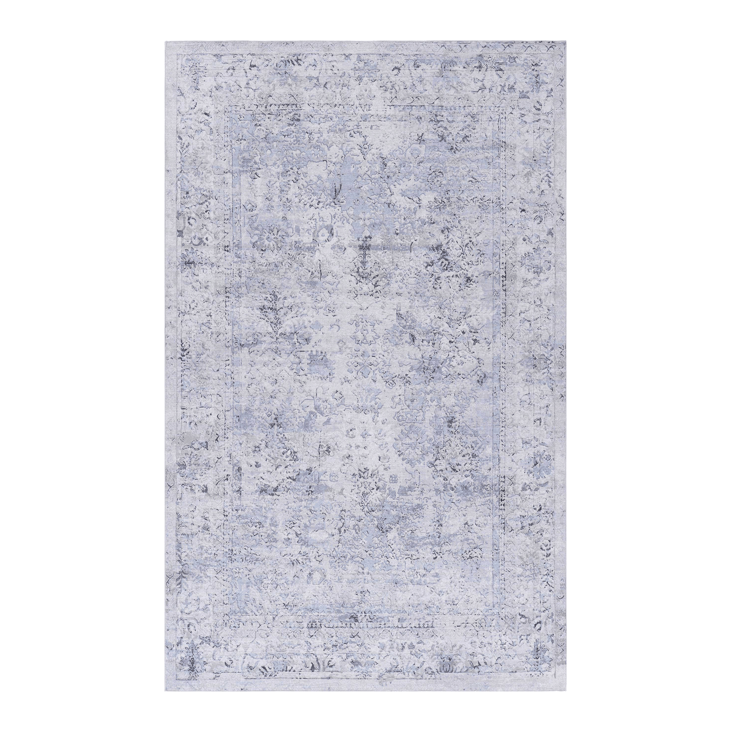 Light blue distressed vintage rug with intricate floral patterns and border