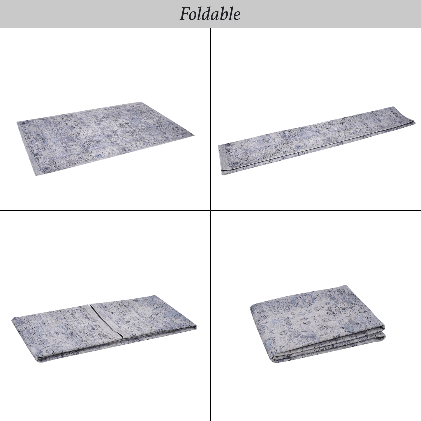 A grey and blue distressed oriental runner rug showcasing intricate floral patterns and a vintage style