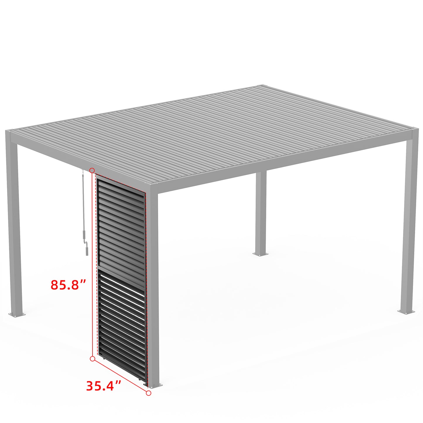 Gray aluminum patio pergola with adjustable louvred roof and side panels